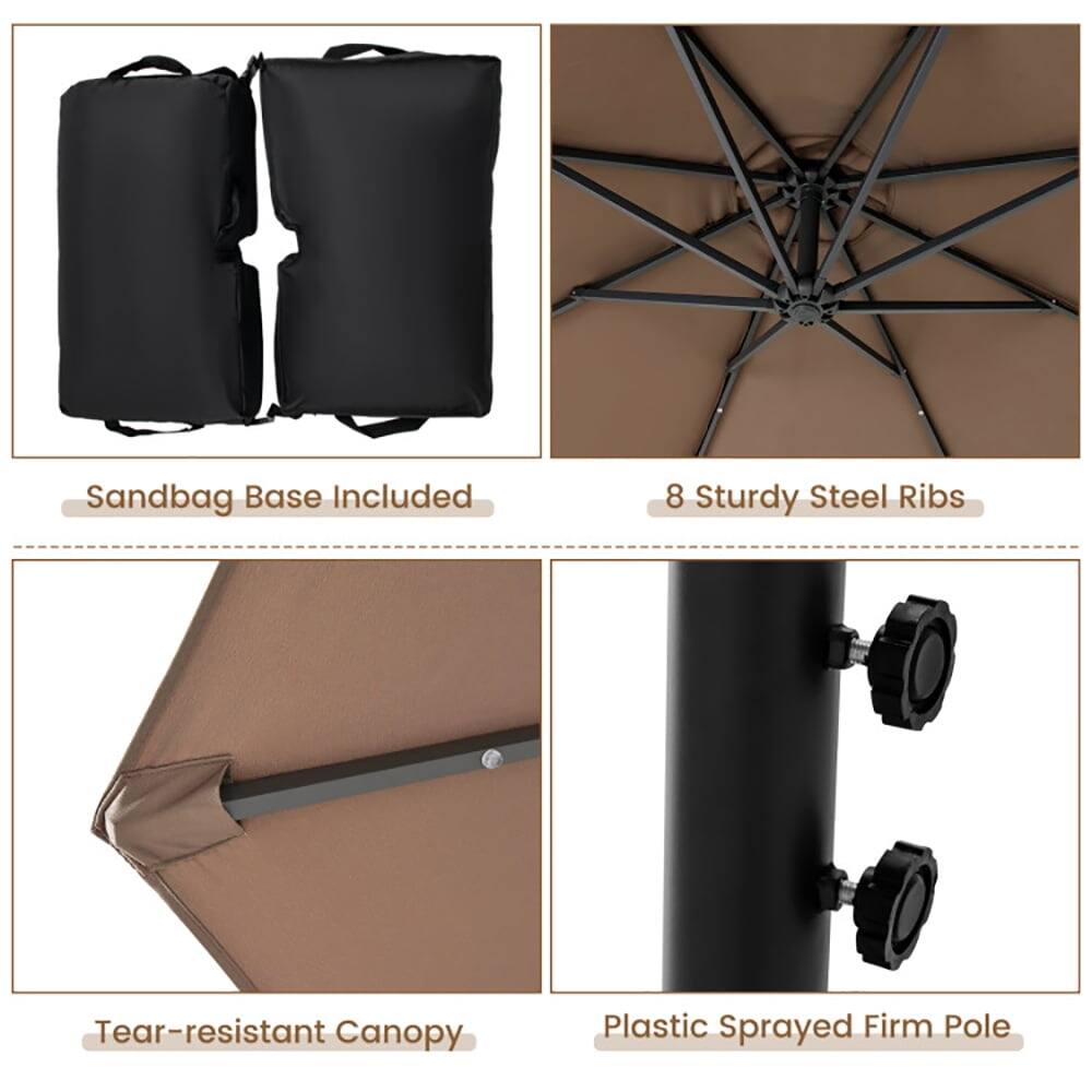 Sandbag Base Included  
8 Sturdy Steel Ribs  
Tear-resistant Canopy  
Plastic Sprayed Firm Pole