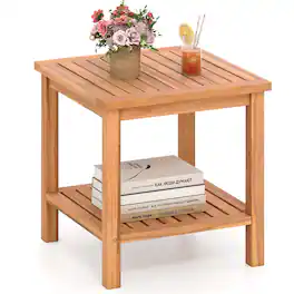Gymax - 2-Tier Patio Acacia Wood Side Table w/Slatted Tabletop Storage Shelf for Garden - Yellow