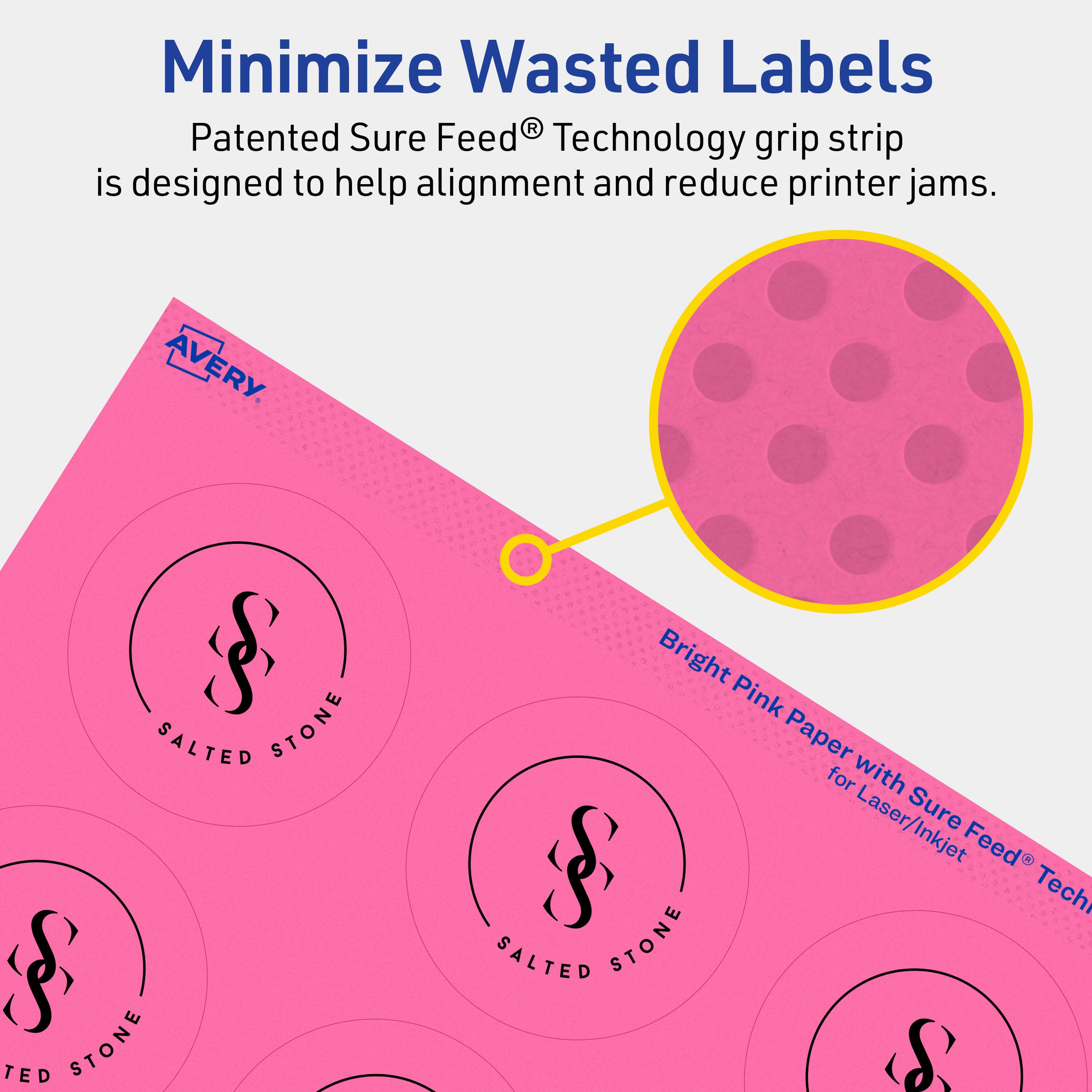 Minimize Wasted Labels

Patented Sure Feed® Technology grip strip is designed to help alignment and reduce printer jams.

AVERY

Bright Pink Paper for Laser/Inkjet with Sure Feed® Technology

SALTED STONE