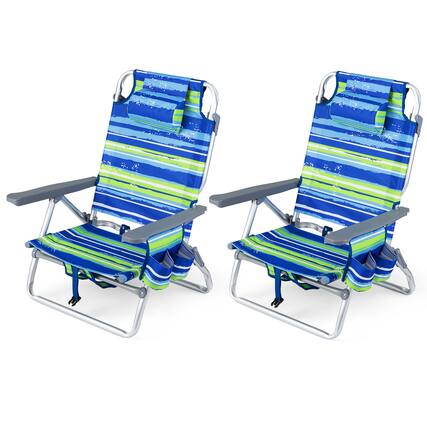 Front. Costway - Costway 2PCS Beach Chairs with 5-Position Backrest & Padded Headrest, Cup Holder & Ice Bag - Blue Stripe.