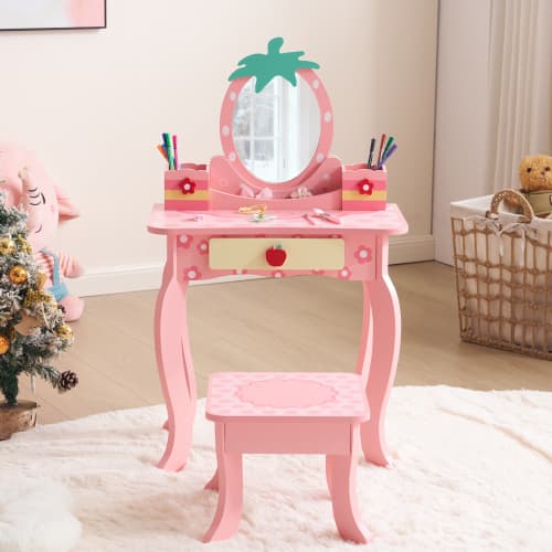 Winado - 2-in-1 Cartoon Design Children Vanity Table Set Removable Mirror to Writing Desk with Stool for Christmas Birthday Gift - Pink