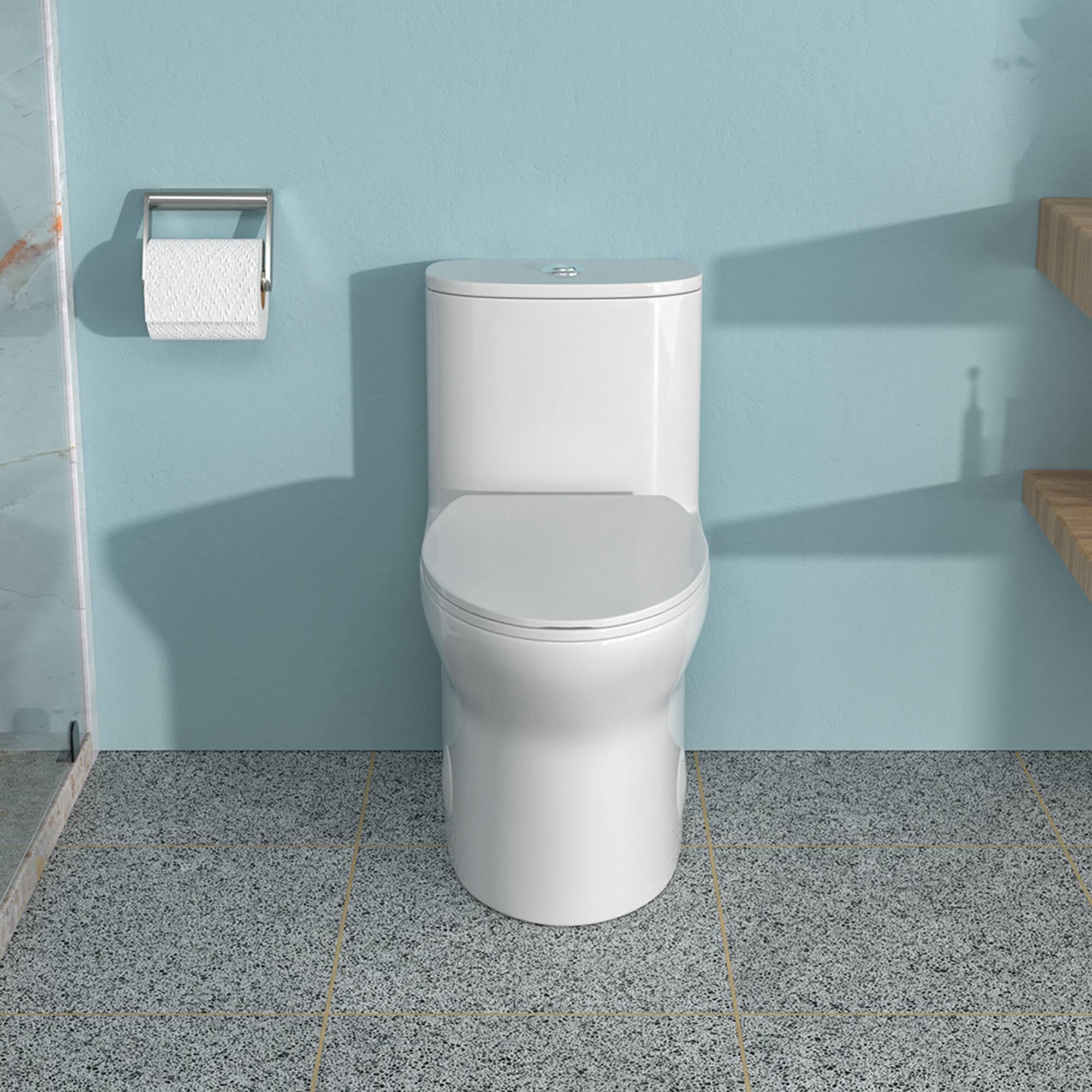 Angle. TinyHomie - Ceramic One Piece Toilet for Bathroom 12 inch Rough In 1116 GPF Dual Flush with Soft Closing Seat Powerful Dual Flush - White.