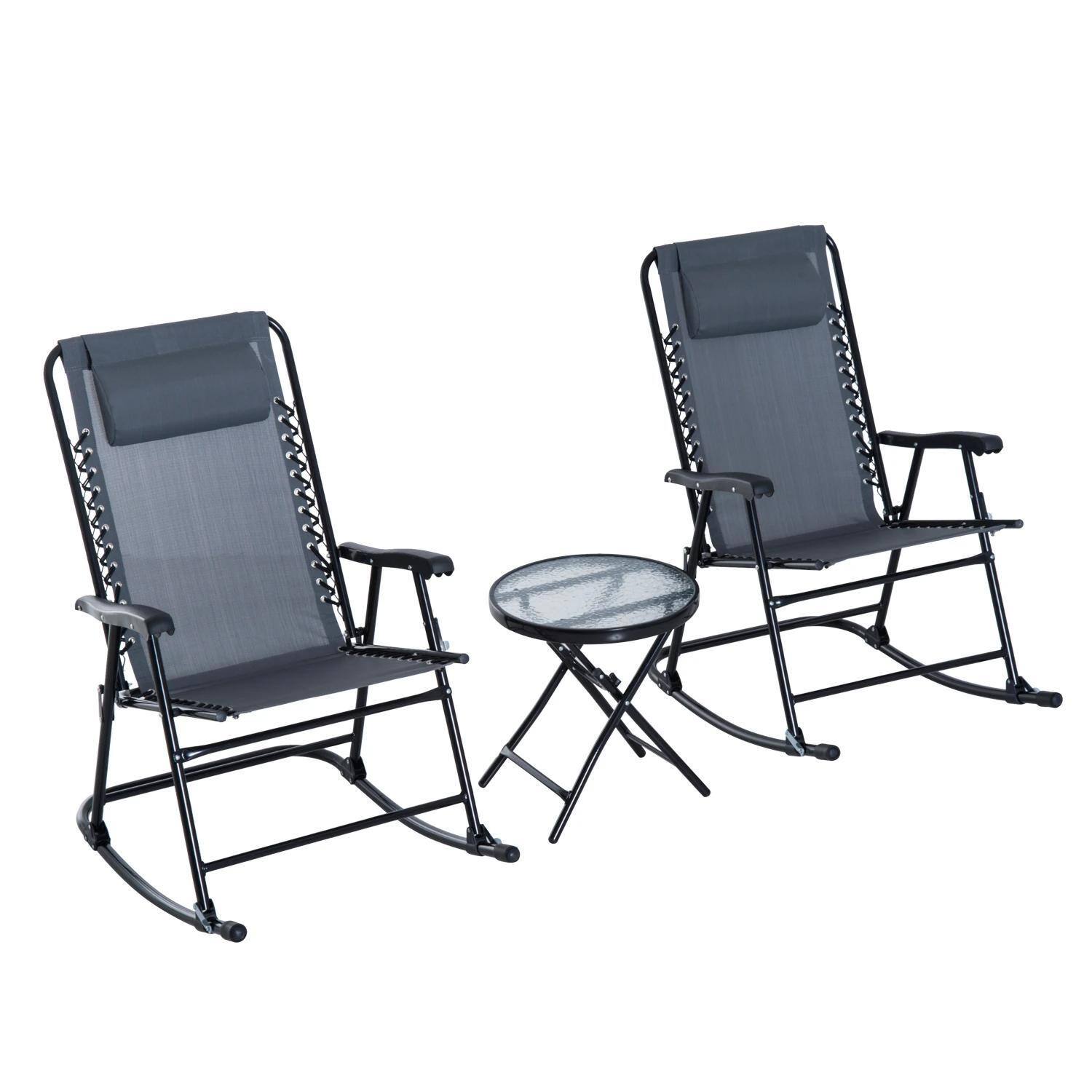 Front. Spaco - Spaco Folding Rocking Patio Set, 2 Armrest Chairs, Tempered Glass Side Table - Grey.