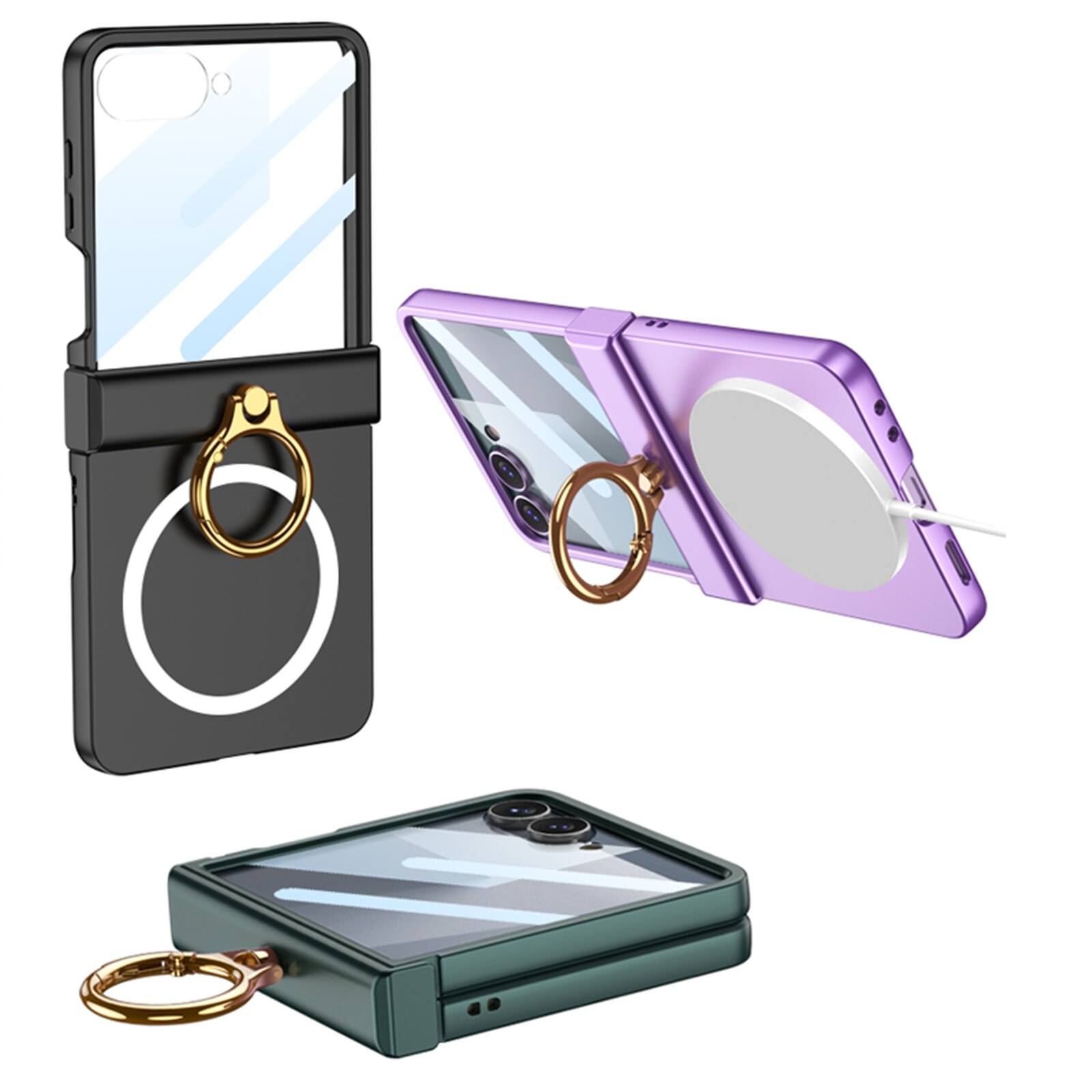 Alt View 1. Dteck - Built-in Screen Protector Magnetic Rugged Case For Samsung Galaxy Z Flip 7 Shockproof Ring Holder Kickstand Hing Cover - Pink.