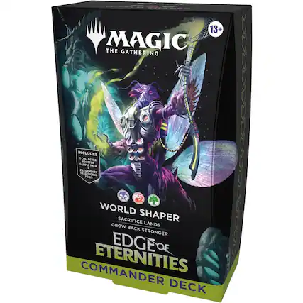 13+ MAGIC THE GATHERING INCLUDES 1 COLLECTOR BOOSTER SAMPLE PACK. LEGENDARY 2 TRADITIONAL FORLS WORLD SHAPER SACRIFICE LANDS GROW BACK STRONGER EDGE OF ETERNITIES COMMANDER DECK
