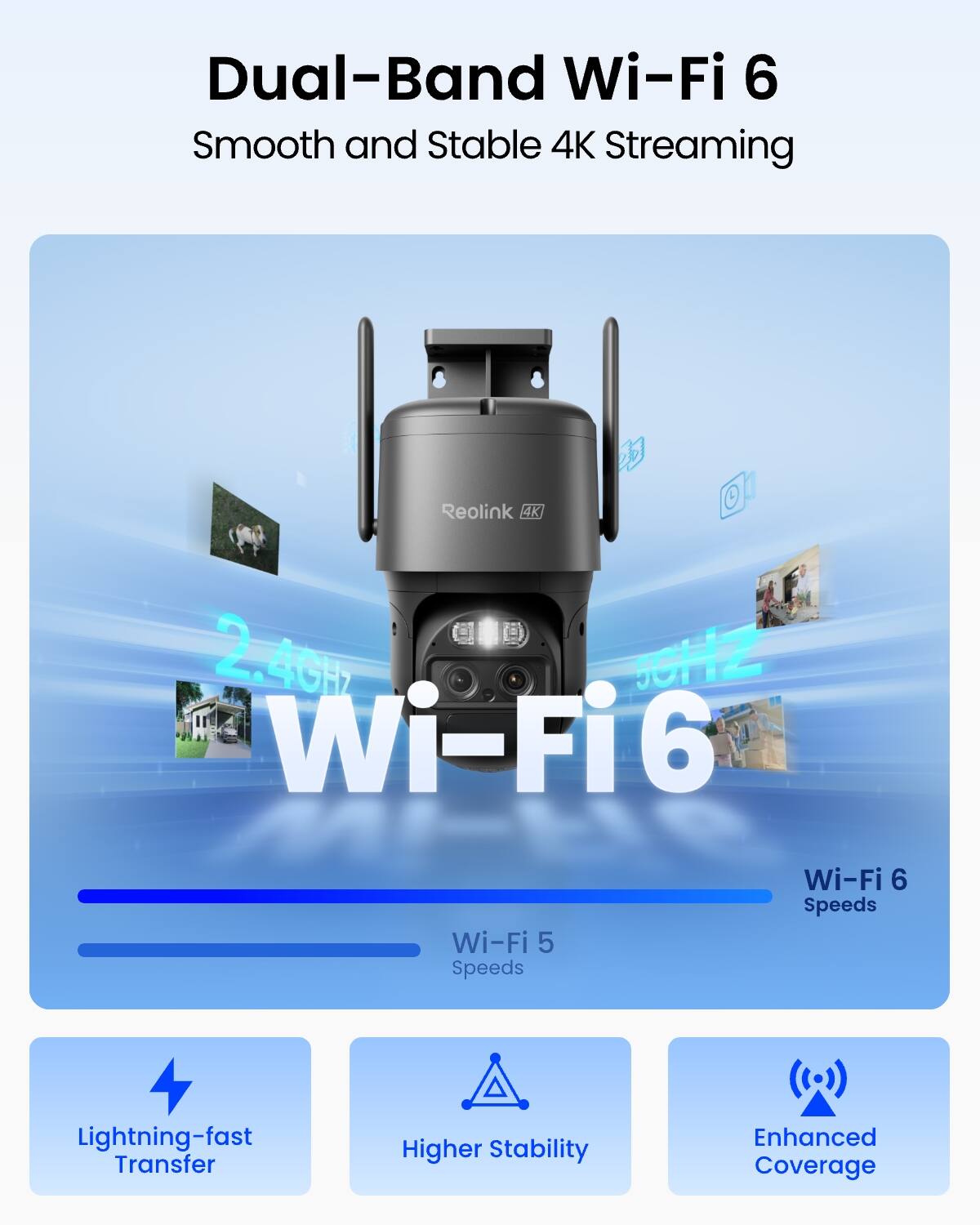 Dual-Band Wi-Fi 6  
Smooth and Stable 4K Streaming

Reolink 4K  
2.4GHz Wi-Fi 6  
Wi-Fi 5 Speeds  
Wi-Fi 6 Speeds  
Lightning-fast Transfer  
Higher Stability  
Enhanced Coverage