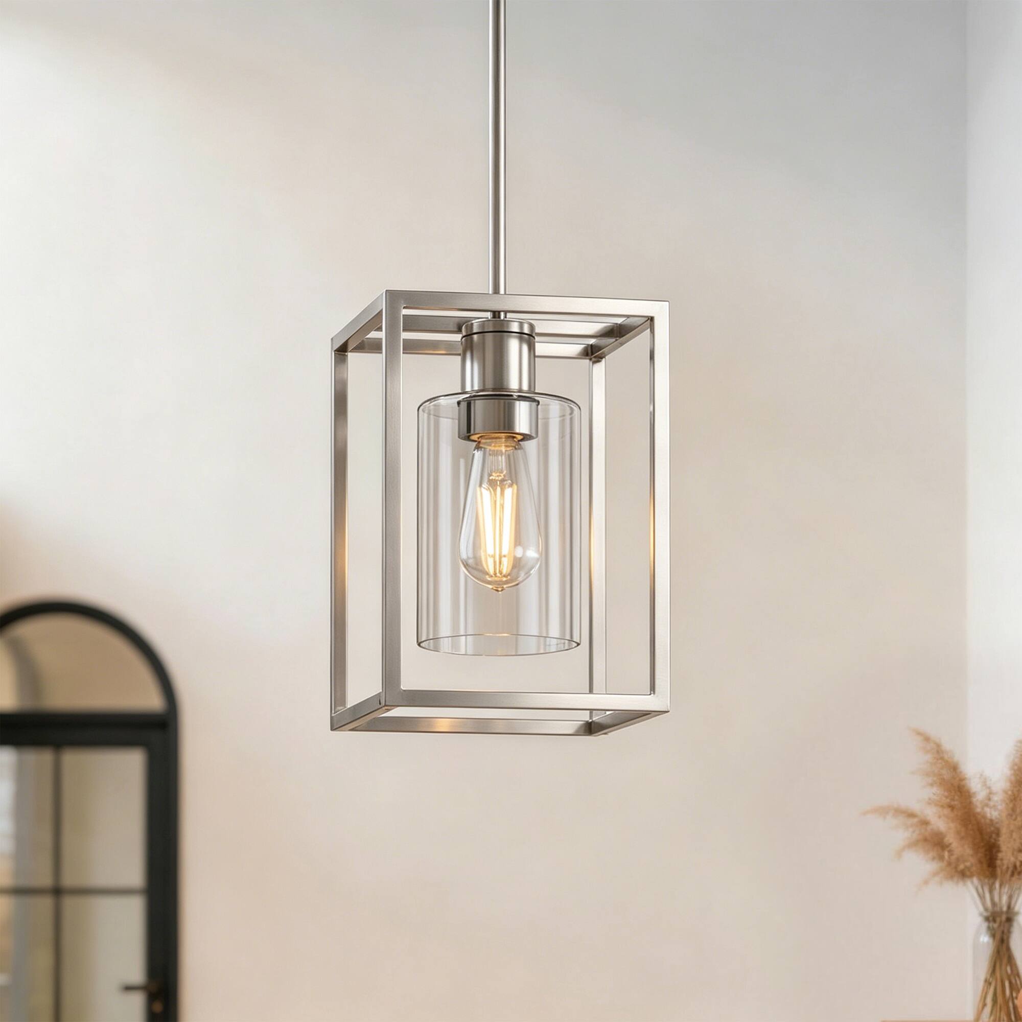 Front. Jandcase - JANDCASE 1-Light Nickel Pendant Light, Clear Glass Shade, E26 Socket, Non-Integrated Bulbs, for Dining Room - Silver.