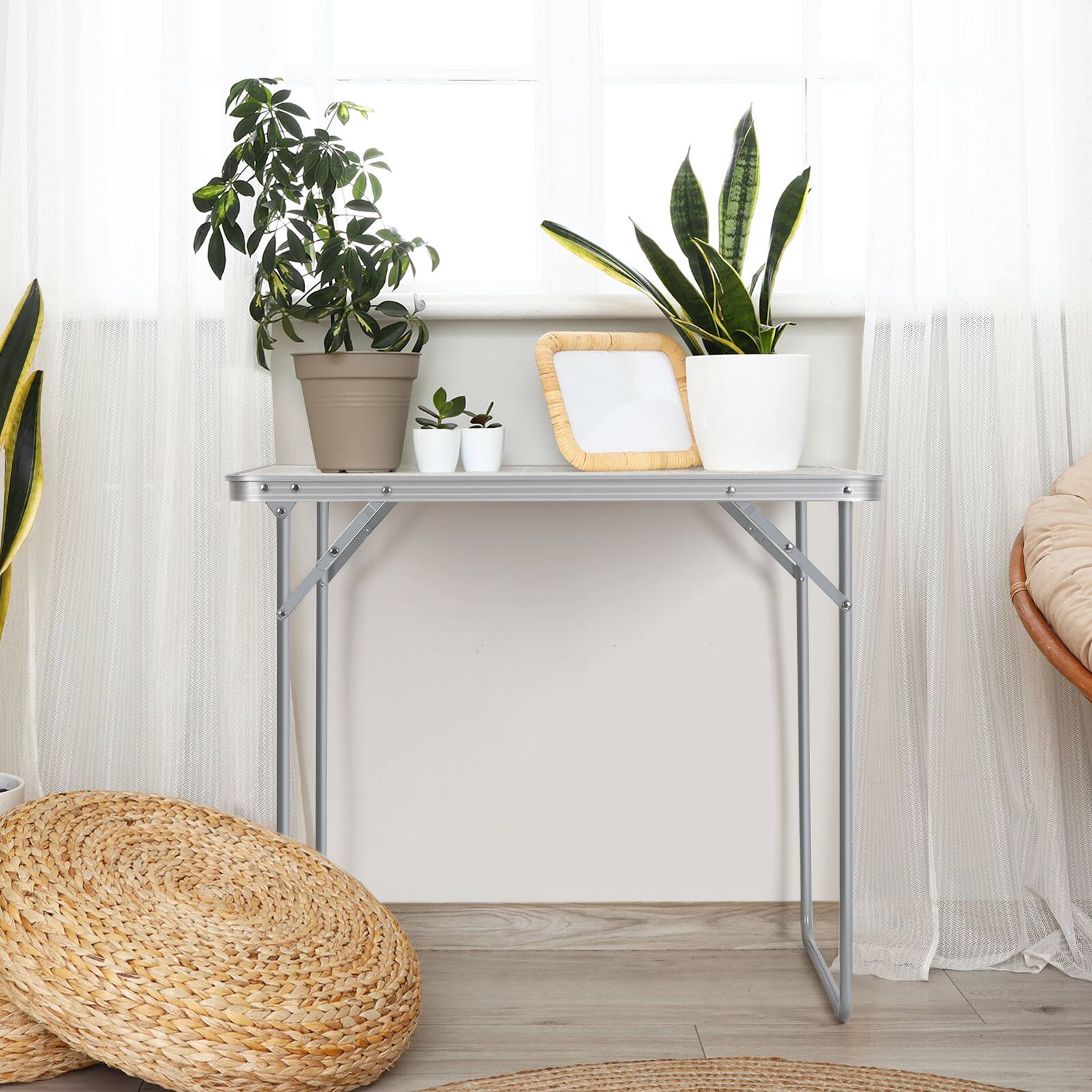 Alt View 2. Oumilen - Aluminum Frame Folding Table with Carry Handle， White - White.
