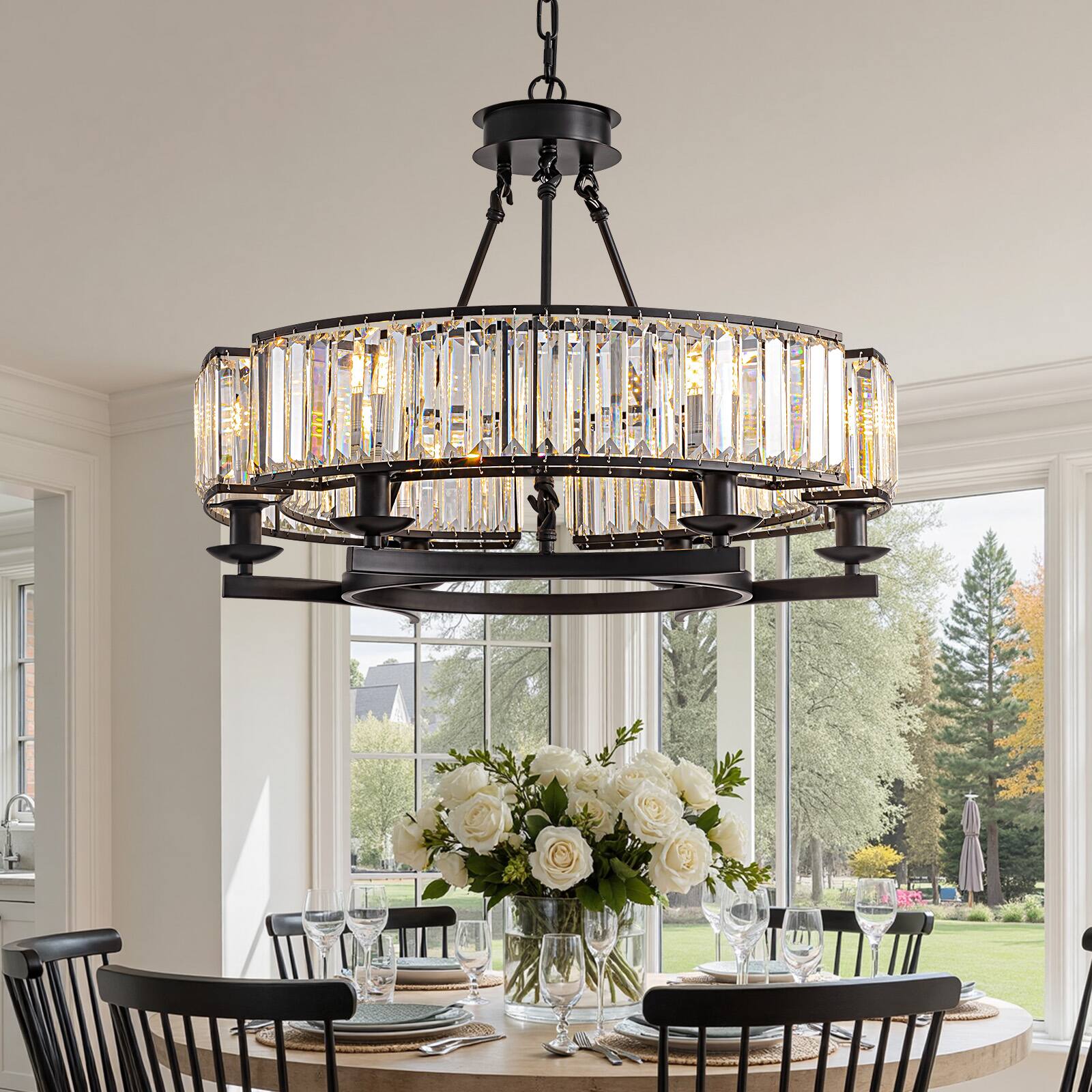 Angle. Siljoy - 23.6" Black Farmhouse 6-Light Round Crystal Chandelier Adjustable Chain for Dining Room Kitchen Island Foyer - Black.