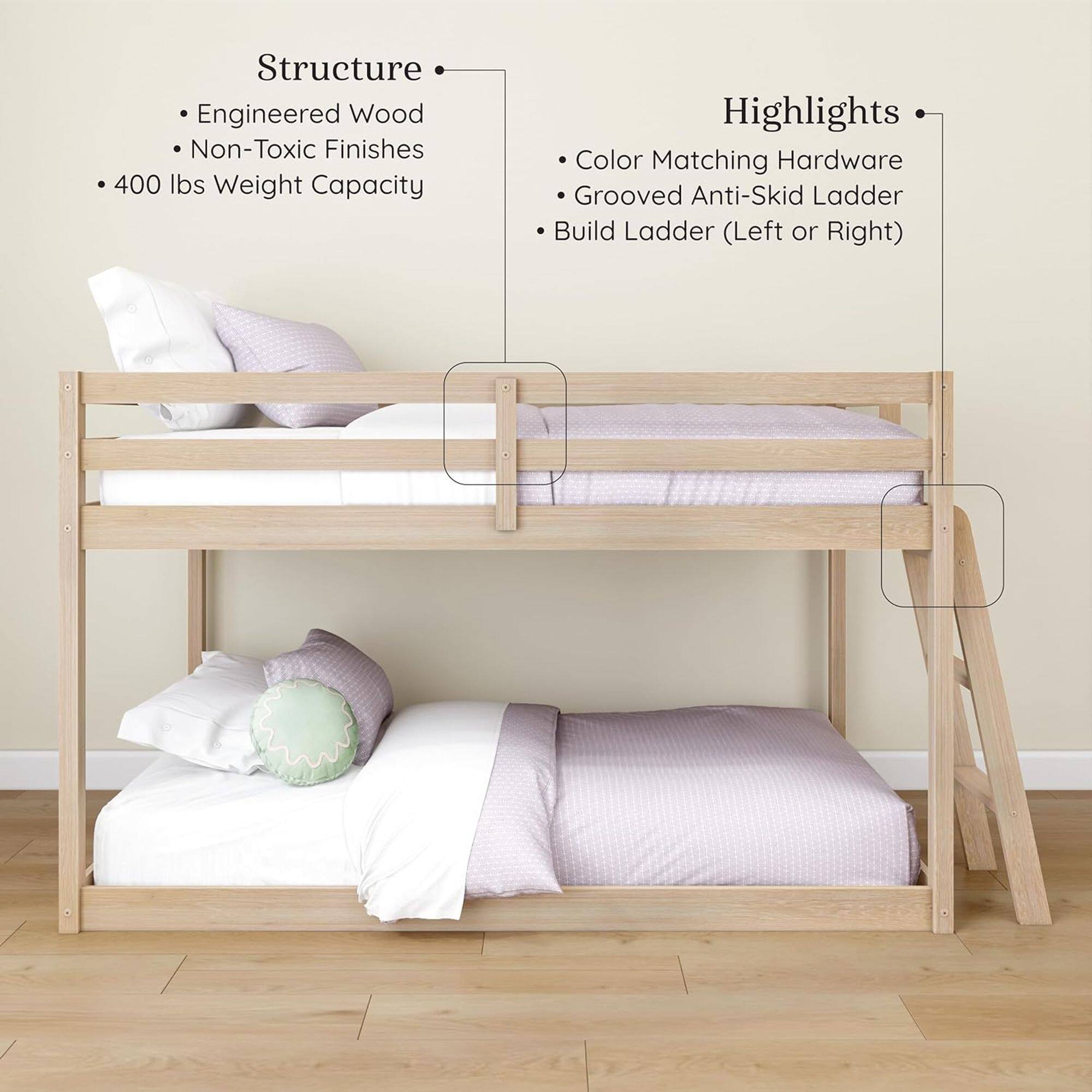 Structure  
- Engineered Wood  
- Non-Toxic Finishes  
- 400 lbs Weight Capacity  

Highlights  
- Color Matching Hardware  
- Grooved Anti-Skid Ladder  
- Build Ladder (Left or Right)