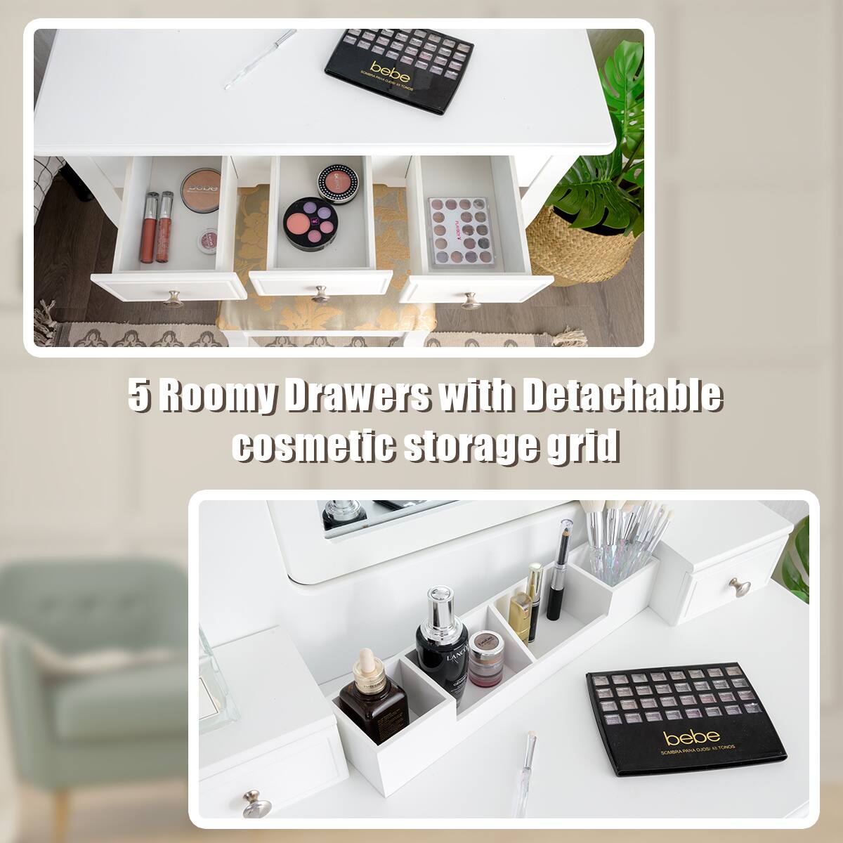 5 Roomy Drawers with Detachable cosmetic storage grid
