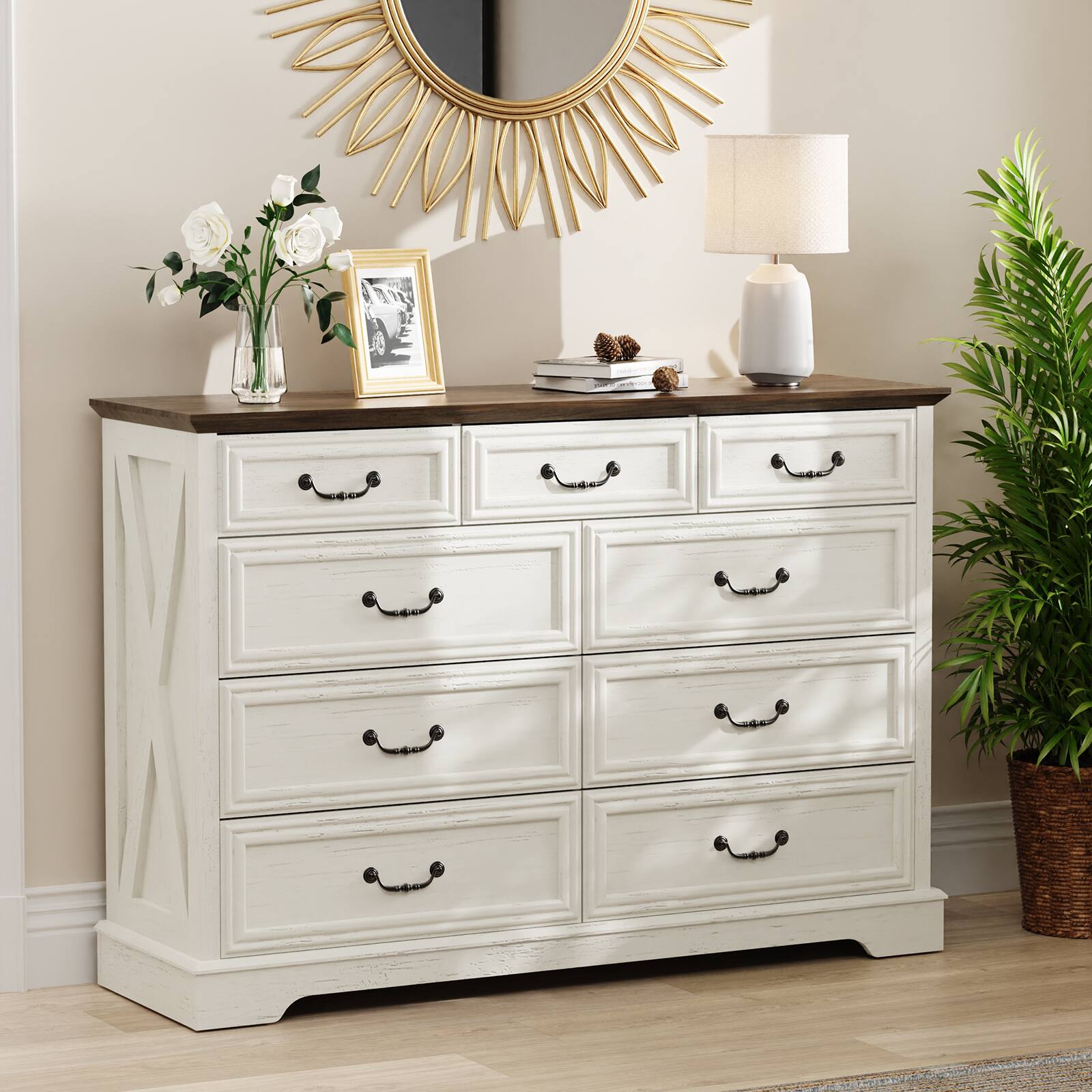 Angle. Dyonery - 9 Drawer Farmhouse Dresser, Rustic Chest of Drawers with Ample Storage, Solid Wood Look & Metal Handles,White - White.