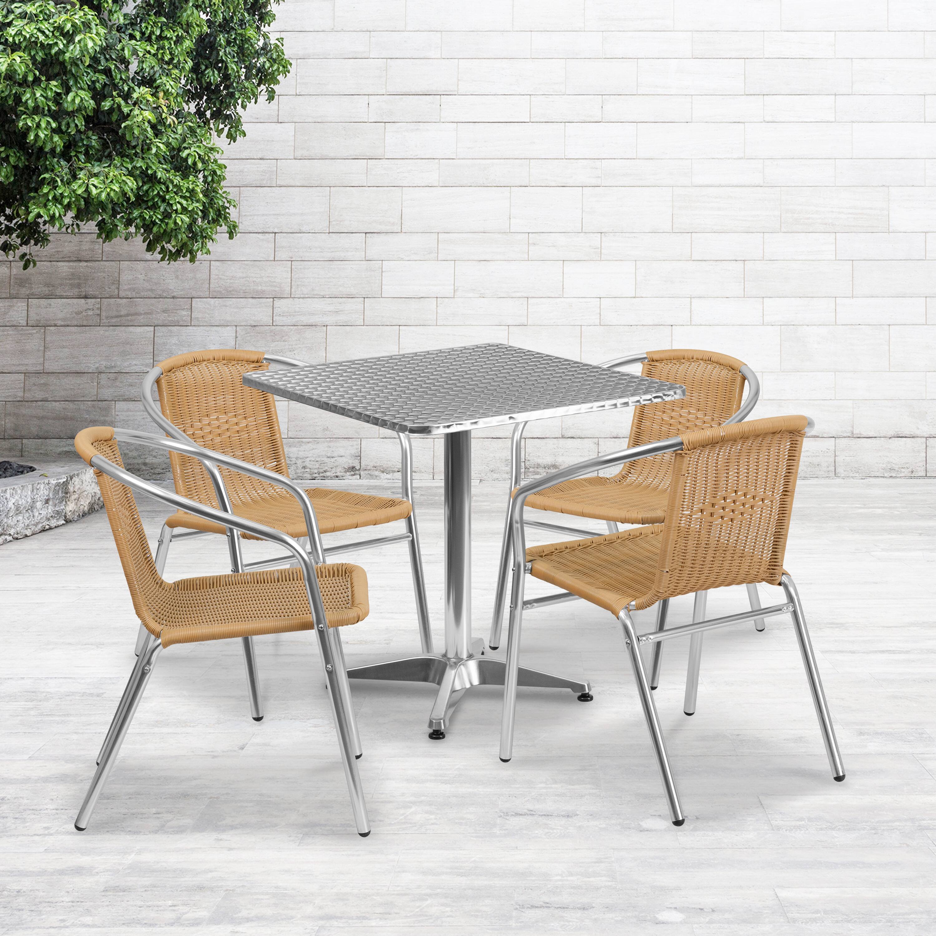 Alt View 1. Emma + Oliver - 27.5" Square Aluminum Garden Patio Table Set with 4 Rattan Chairs - Beige.