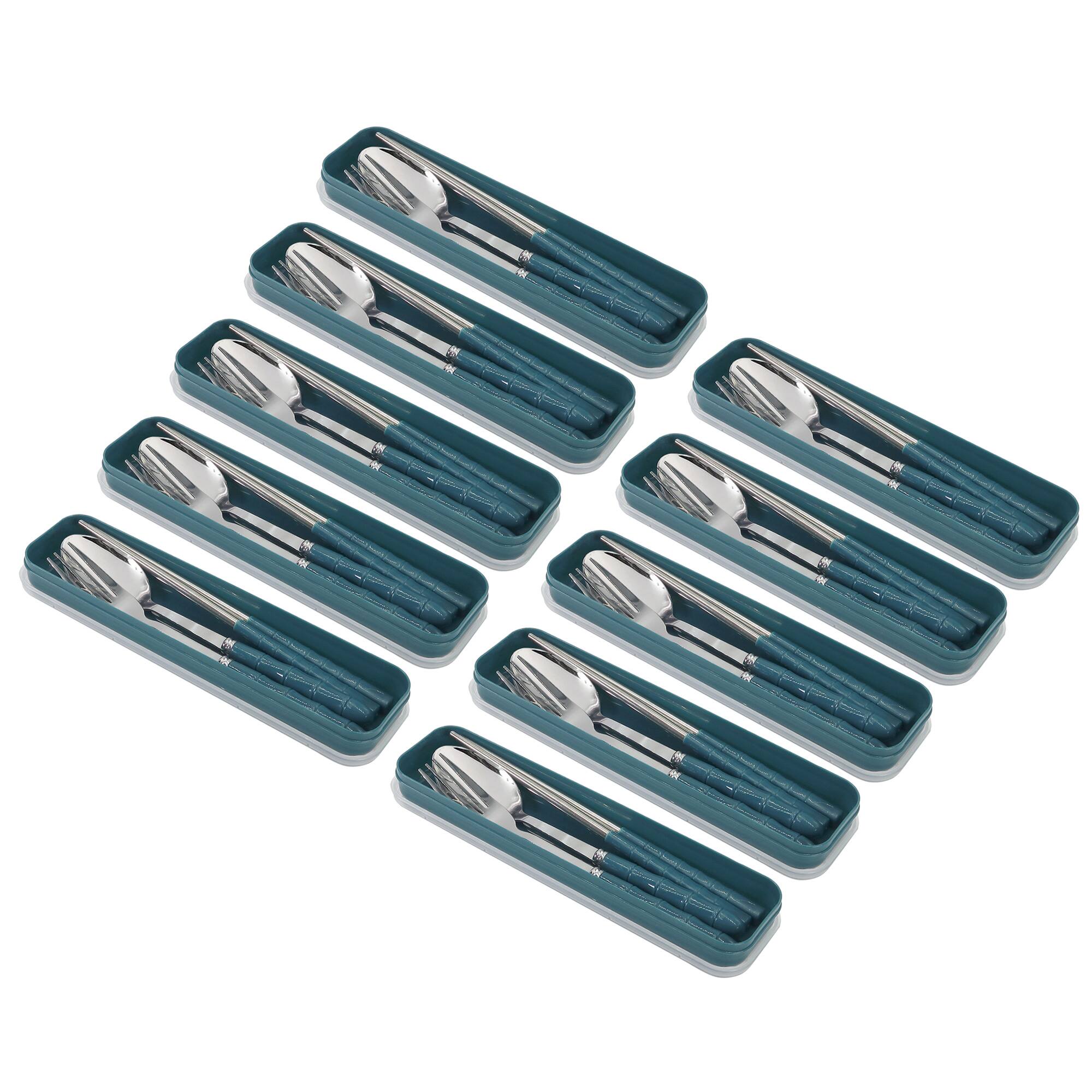 Front. all - 10x Eco-Friendly Stainless Steel Cutlery Set – Spoon, Fork & Chopsticks in Convenient Case for Students and Travel.