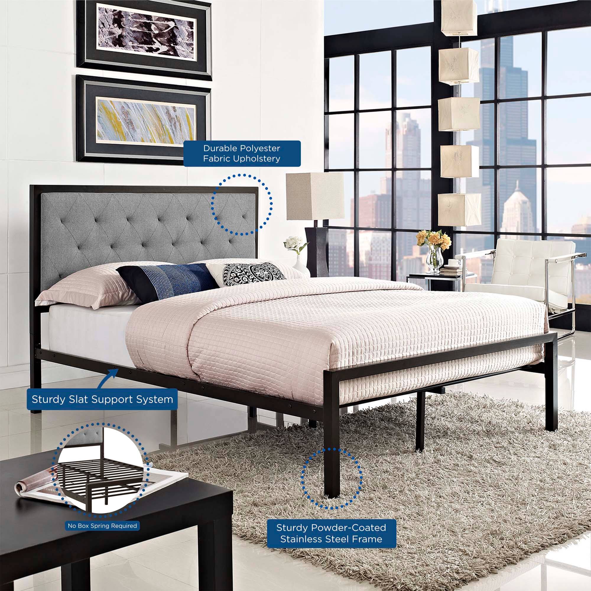 - Durable Polyester Fabric Upholstery
- Sturdy Slat Support System
- No Box Spring Required
- Sturdy Powder-Coated Stainless Steel Frame