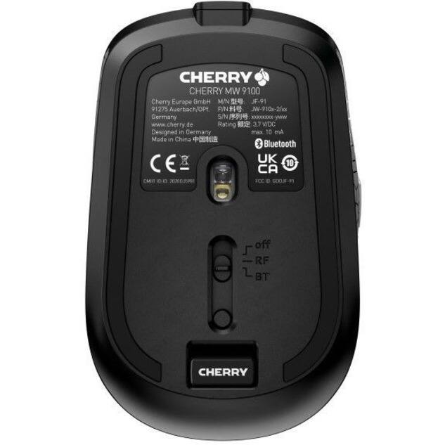 CHERRY CHERRY MW 9100  
Cherry Europe GmbH  
MIN JF-91 91275  
Auorbach OPH  
PIN JW-910x-2/xx  
Germany  
S/N xxxxxxxx-yww  
www.cherry.de  
Rating 3,7V/DC  
Designed in Germany max. 10 mA  
Made in China  
Bluetooth UK 10 CE CA CMIT ID-10 2020/1/20/201 FCC GOOJF-11  
off RF BT  
CHERRY