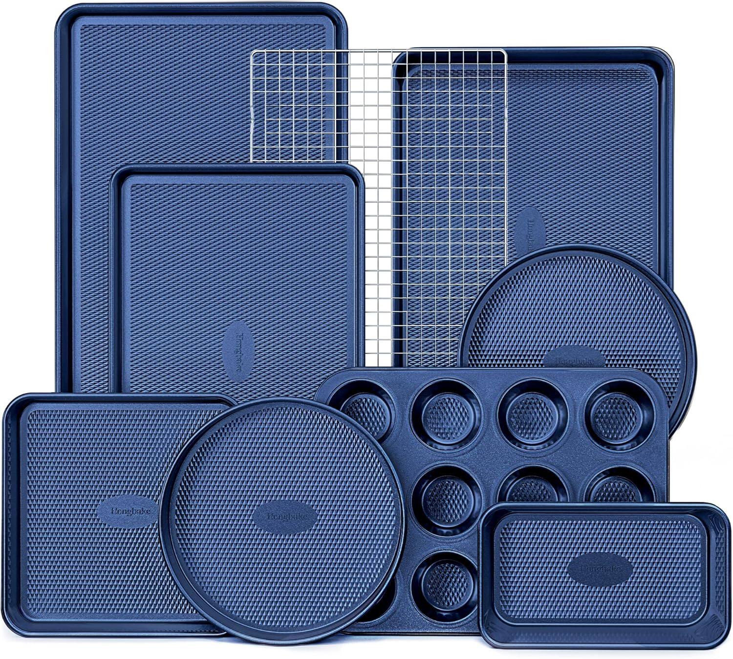 HONGBAKE - 9-Piece Baking Pans Set Nonstick, Stackable Non Toxic Bakeware Sets with Diamond Texture - Blue