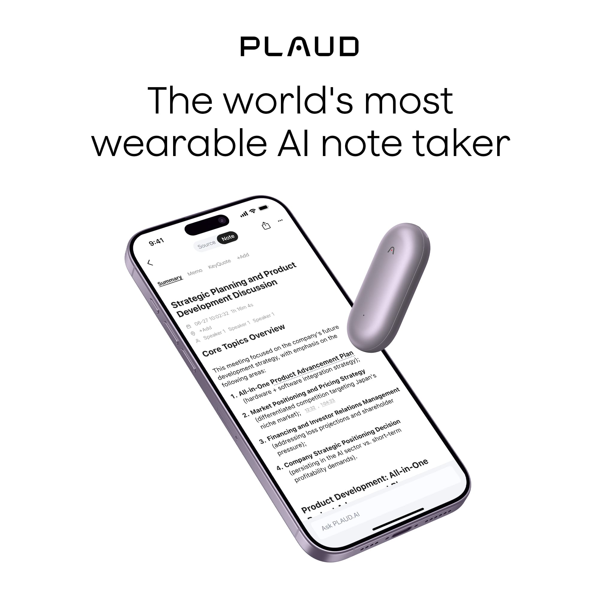 PLAUD - NotePin Memory Capsule Smart AI Voice/Audio Recorder - V2 - Sunset Purple - Front_Zoom