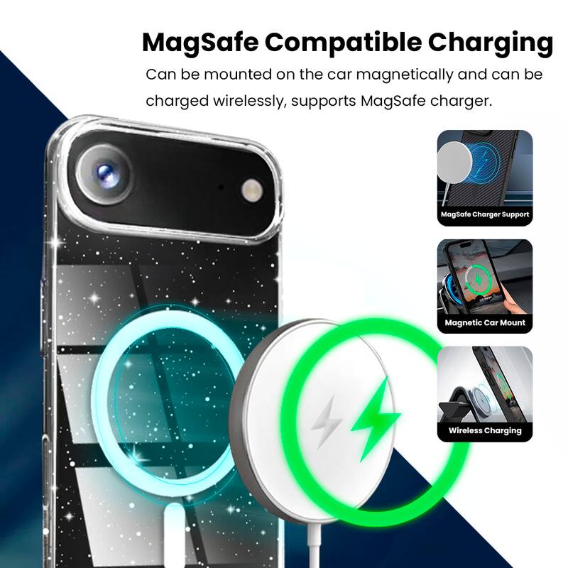 MagSafe Compatible Charging

Can be mounted on the car magnetically and can be charged wirelessly, supports MagSafe charger.

- MagSafe Charger Support
- Magnetic Car Mount
- Wireless Charging