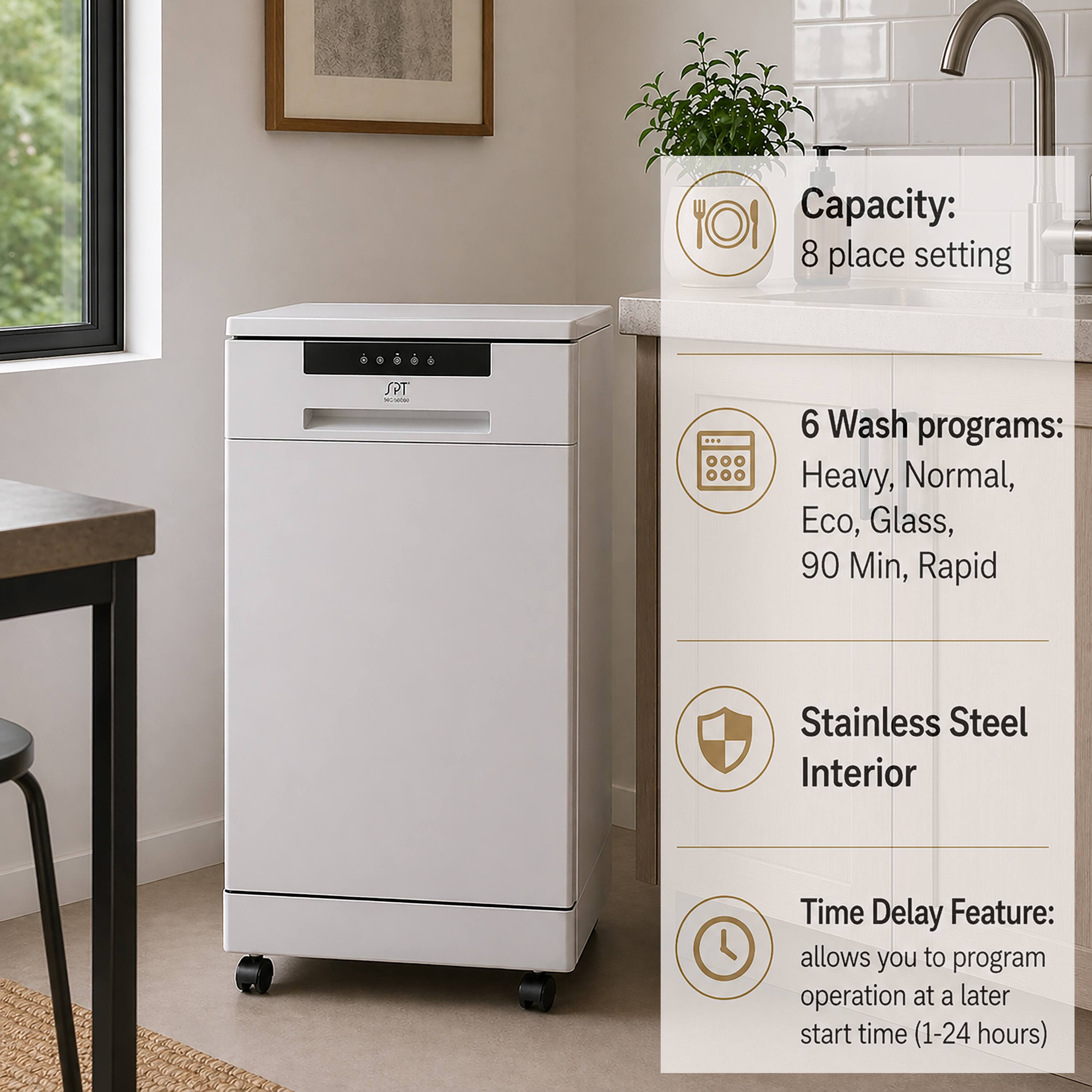 Capacity: 8 place setting

6 Wash programs: Heavy, Normal, Eco, Glass, 90 Min, Rapid

Stainless Steel Interior

Time Delay Feature: allows you to program operation at a later start time (1-24 hours)