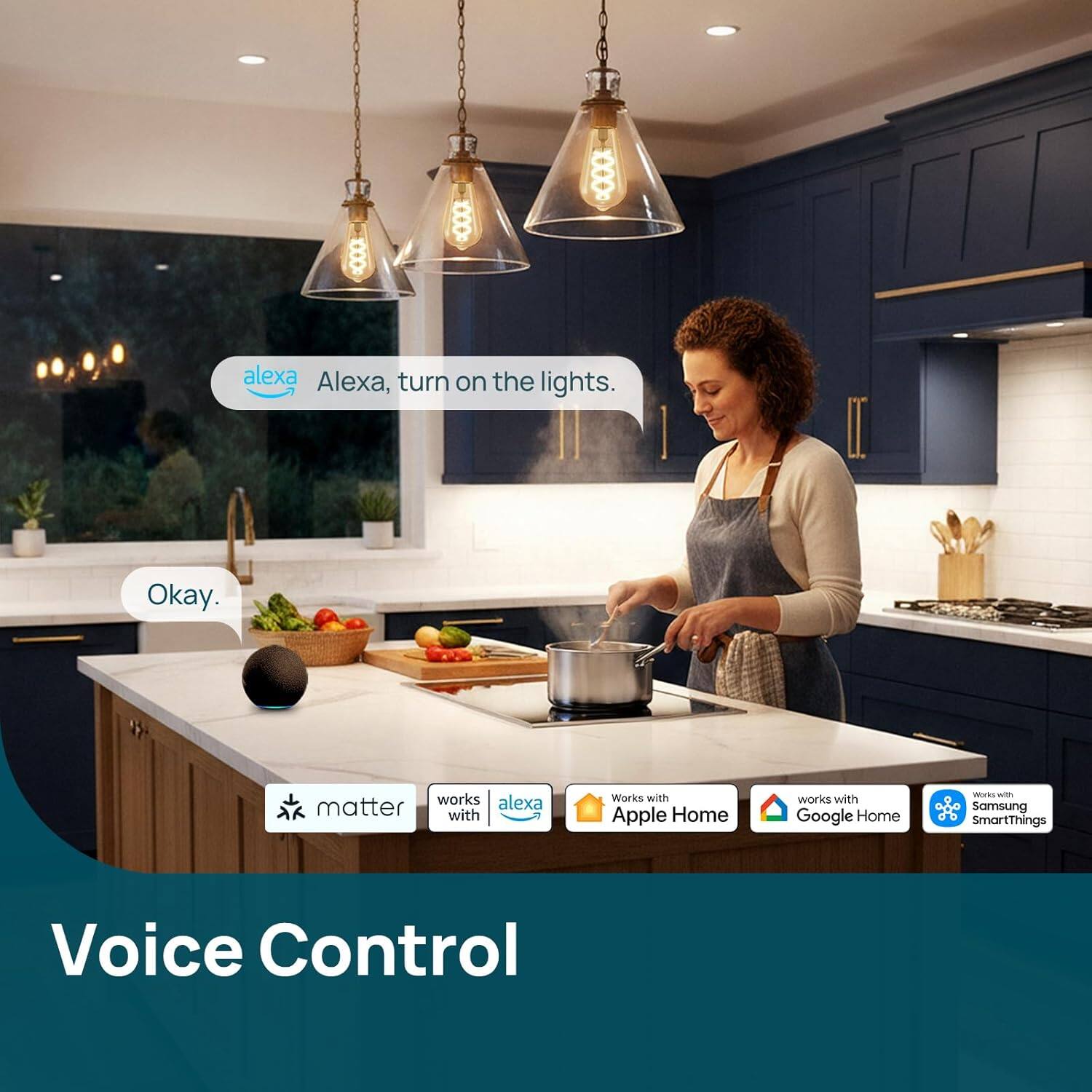 Alexa, turn on the lights.  
Okay.  

Works with Apple Home  
Works with Google Home  
Works with Samsung SmartThings  
Voice Control