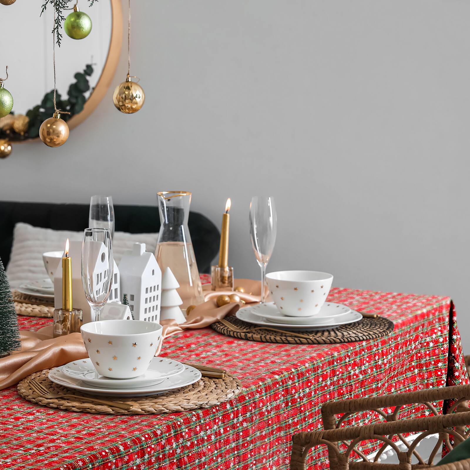 Alt View 2. Oumilen - 59x86.6in Rectangle Christmas Red Plaid Tablecloth with White Pom Pom Fringe – Winter Snowflake for Holiday Decor - Multicolor.