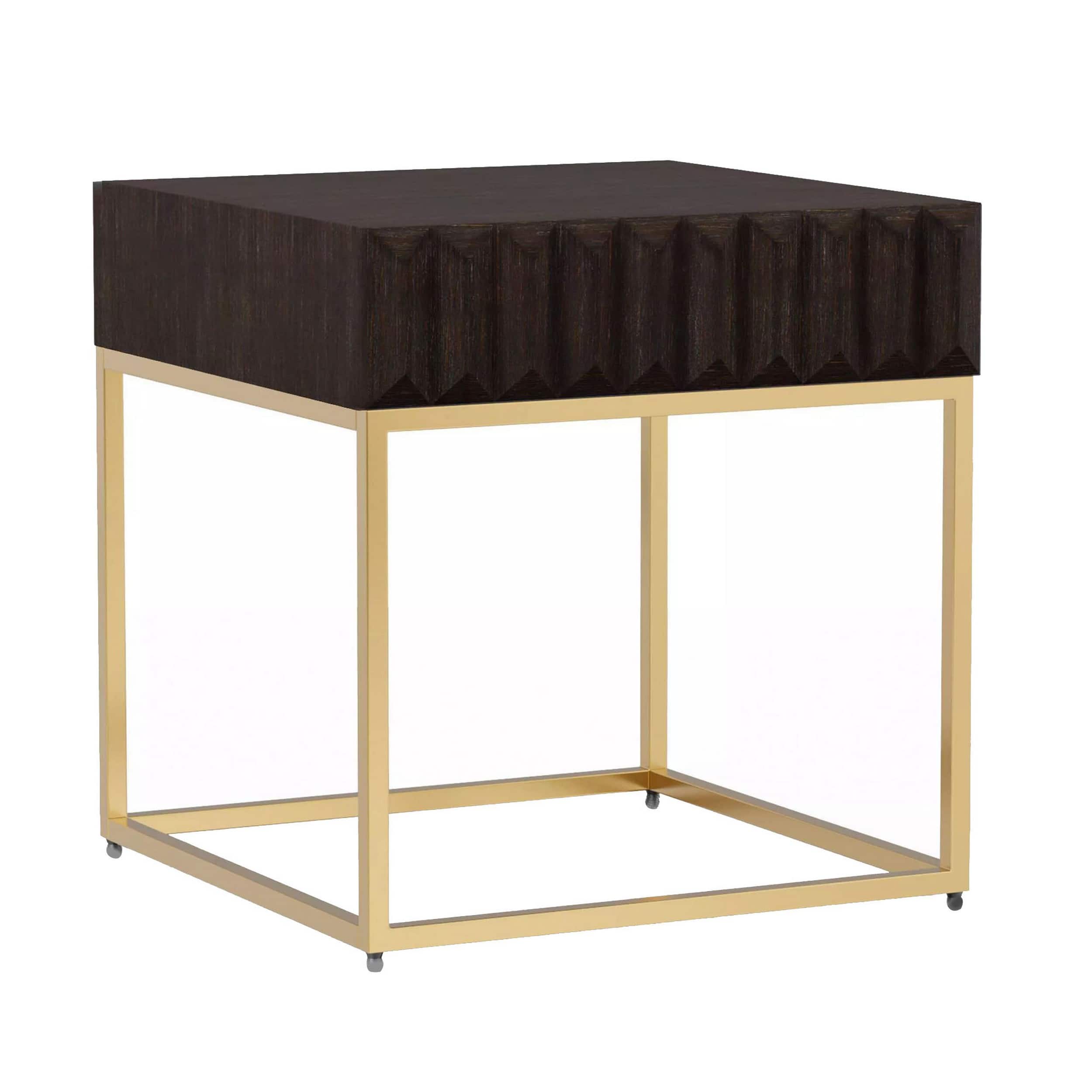 Manhattan Lane - Bran 23 Inch Square Side End Table, Brown Wood, Gold Steel Base, 1 Drawer - Dark Brown, Gold