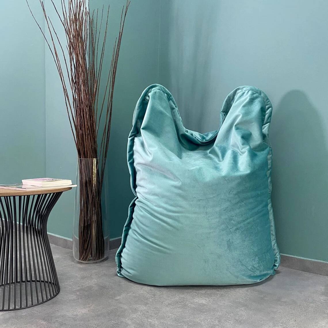 Front. Lotus Lounge Chair - Mini Velvet Rectangular Bean Bag Cover - 43" x 55" - Mint Blue - Blue.