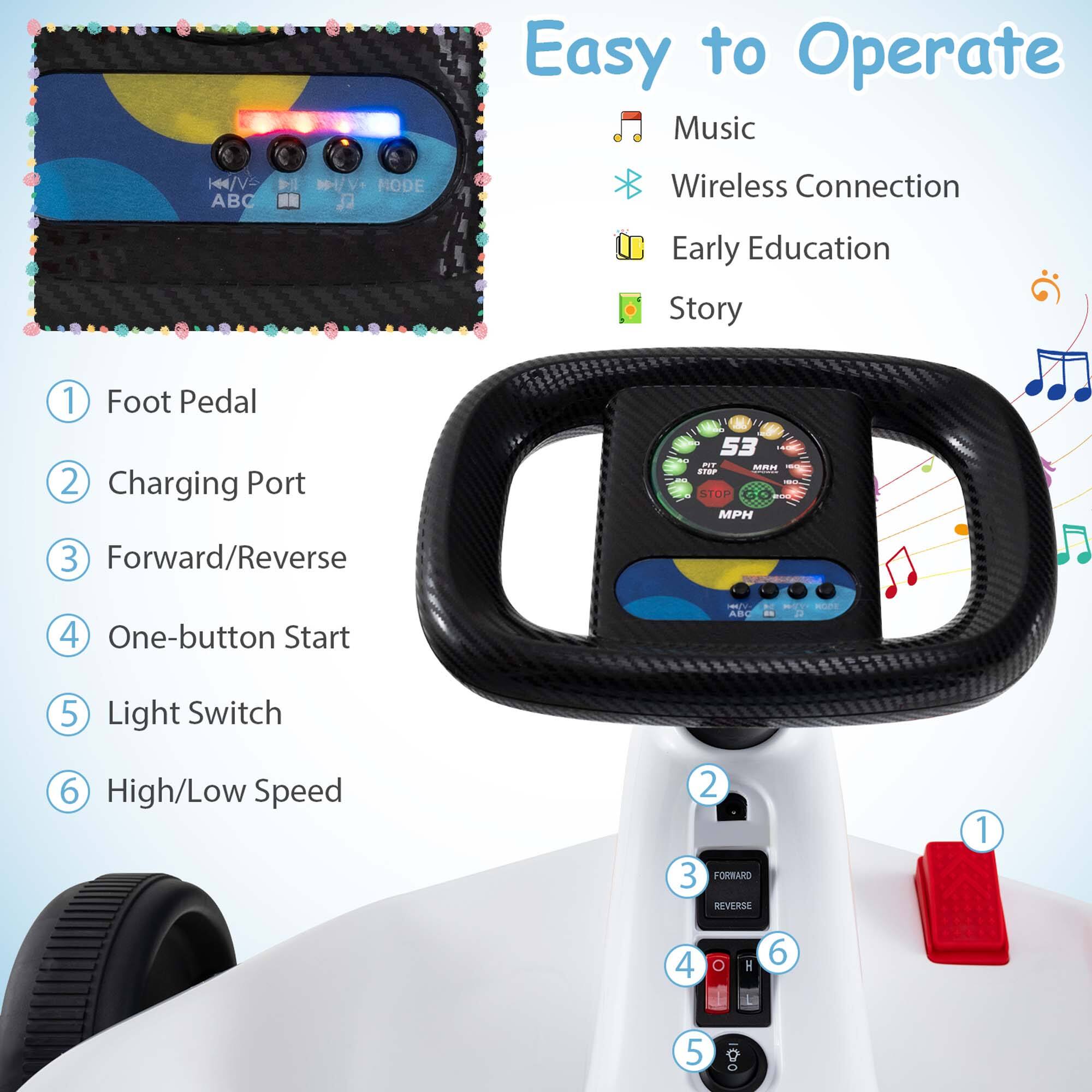 Easy to Operate

Music  
Wireless Connection  
Early Education  
Story  

1. Foot Pedal  
2. Charging Port  
3. Forward/Reverse  
4. One-button Start  
5. Light Switch  
6. High/Low Speed  

K/V  
MH/V NODE ABC J  
53 MPH  
STOP  
FORWARD  
REVERSE  
1  
2  
3  
4  
5  
6