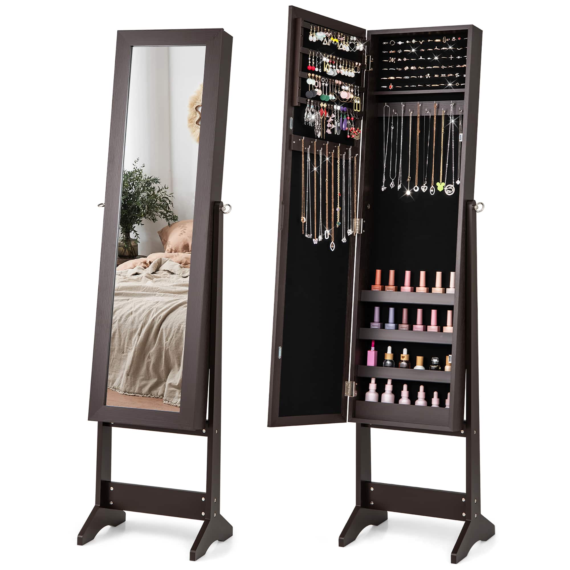 Gymax - Jewelry Mirrored Cabinet Armoire Organizer Storage Box w/ Stand Christmas Gift - Coffee