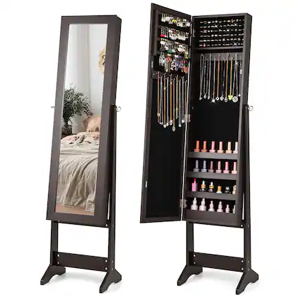Front. Gymax - Gymax Jewelry Mirrored Cabinet Armoire Organizer Storage Box w/ Stand Christmas Gift Coffee - Coffee.
