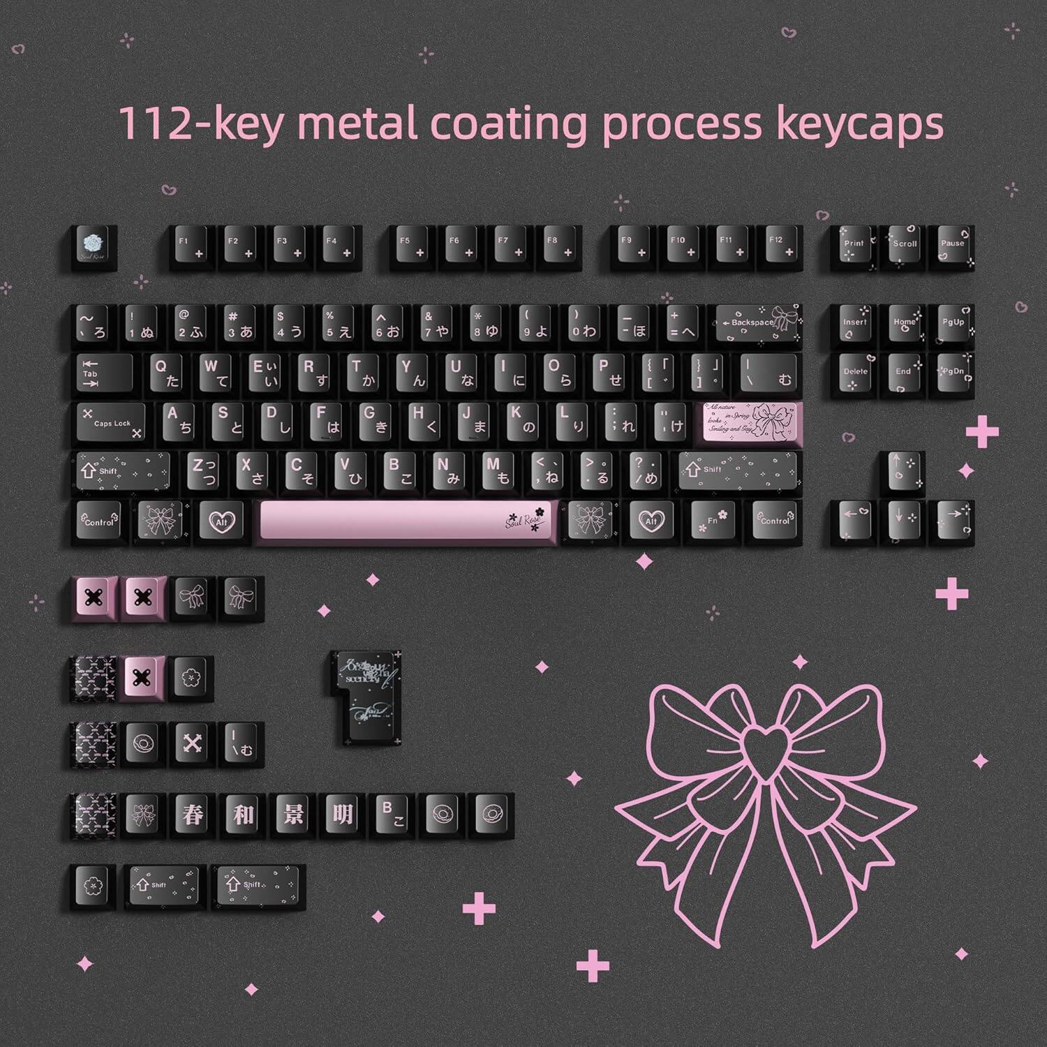 Womier - PBT Keycaps with Metal Paint,112-Key Dye Sublimation Cherry Profile Key caps for MX Switches Mechanical Keyboards - Black-112 Keys