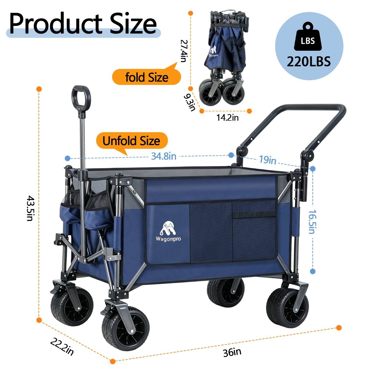 Product Size: 27.4in  
Fold Size: 9.3in  
Unfold Size: 34.8in  
Width: 43.5in  
Scapro: 14.2in  
LBS: 220LBS  
Height: 19in  
Depth: 16.5in  
Width: 22.2in  
Length: 36in
