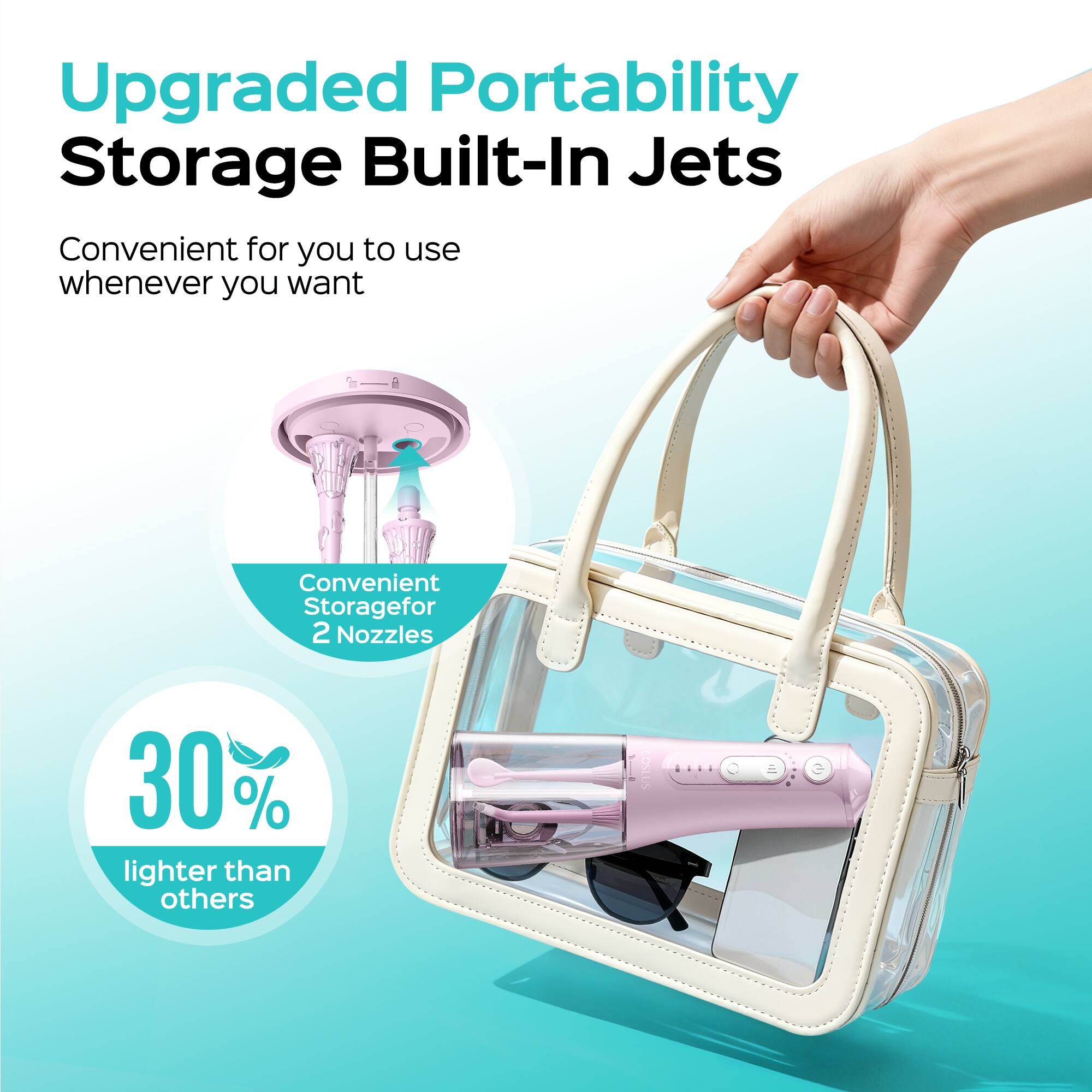 Upgraded Portability Storage Built-In Jets  
Convenient for you to use whenever you want  
Convenient Storage for 2 Nozzles  
30% lighter than others