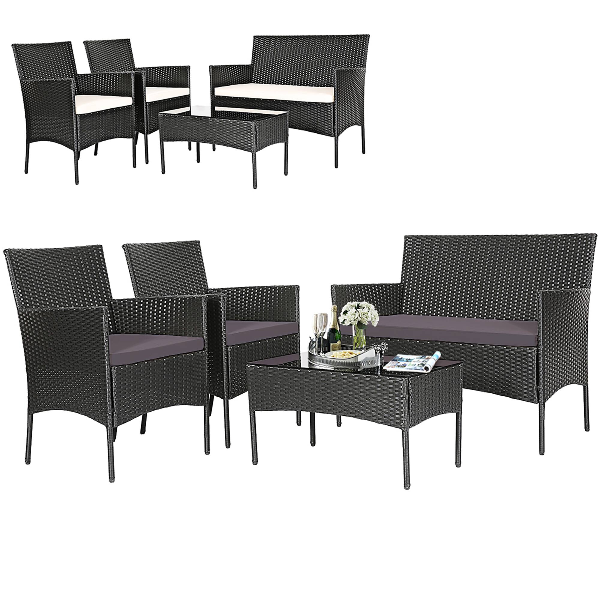 Front. Gymax - Gymax 4PCS Outdoor Furniture Set Patio Rattan Conversation Set w/ Grey & Off White Cushion - Navy, Off White.