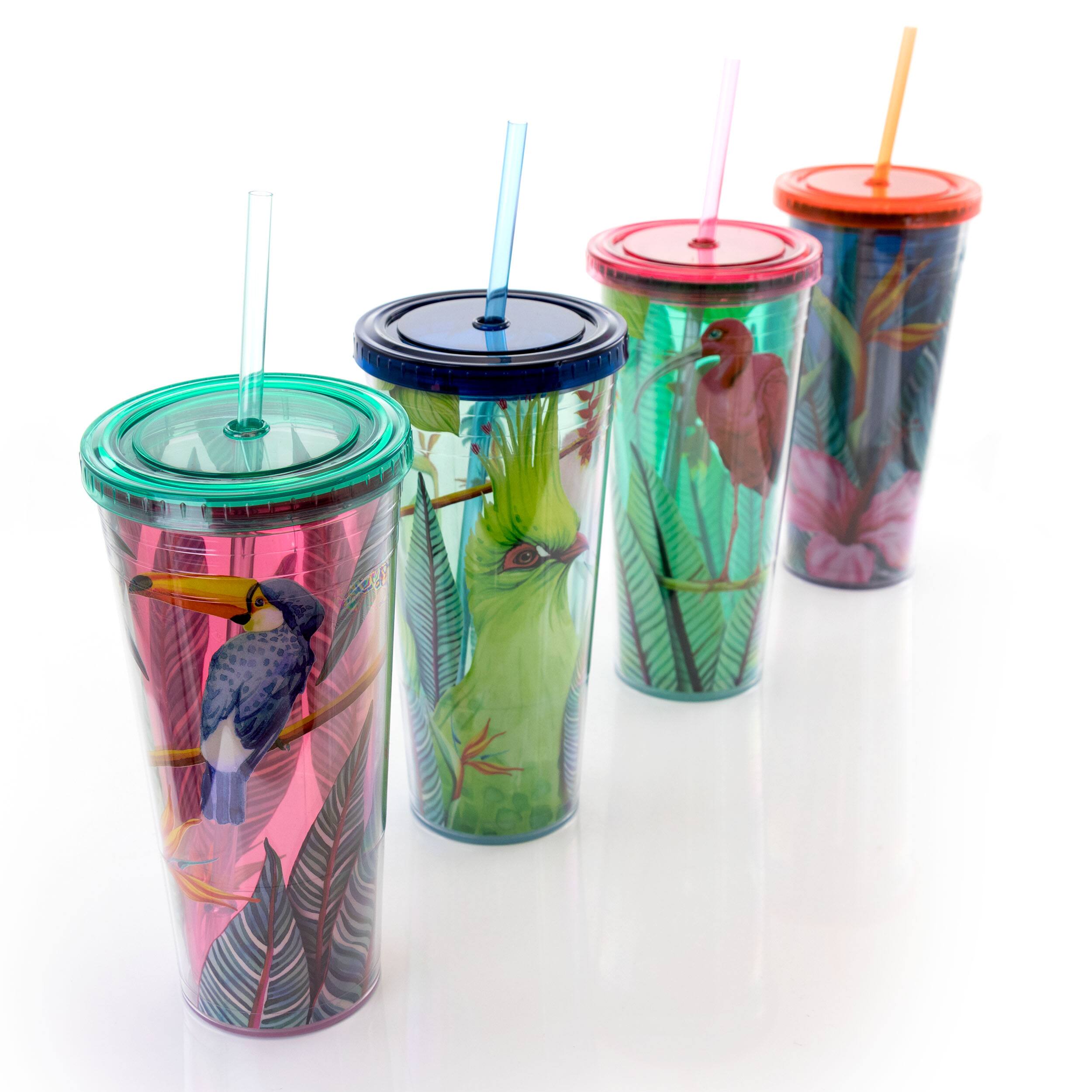 Alt View 2. Gibson - Gibson Home Tropical Bird 4 Piece 23.6 Ounce Double Wall Tumbler Set with Straw in Assorted Designs - Assorted.