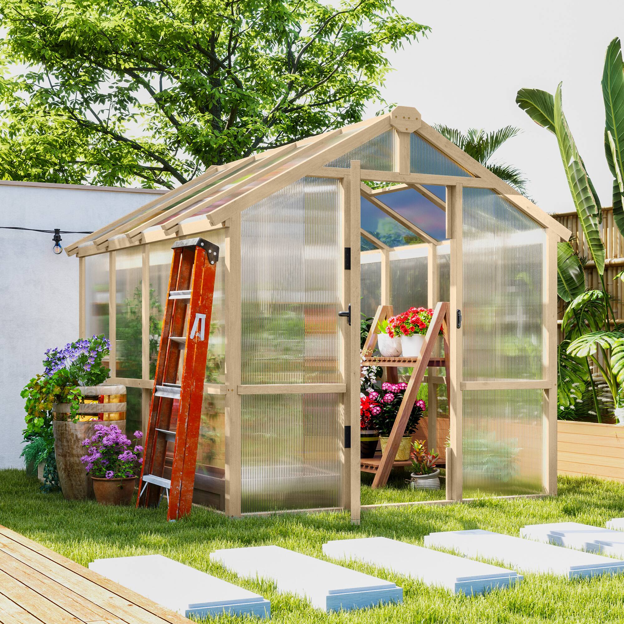 Alt View 1. Outsunny - x 8 ft. Polycarbonate Greenhouse Wooden Walk-in Greenhouse Kit with Thickened Panels, Roof Vent.