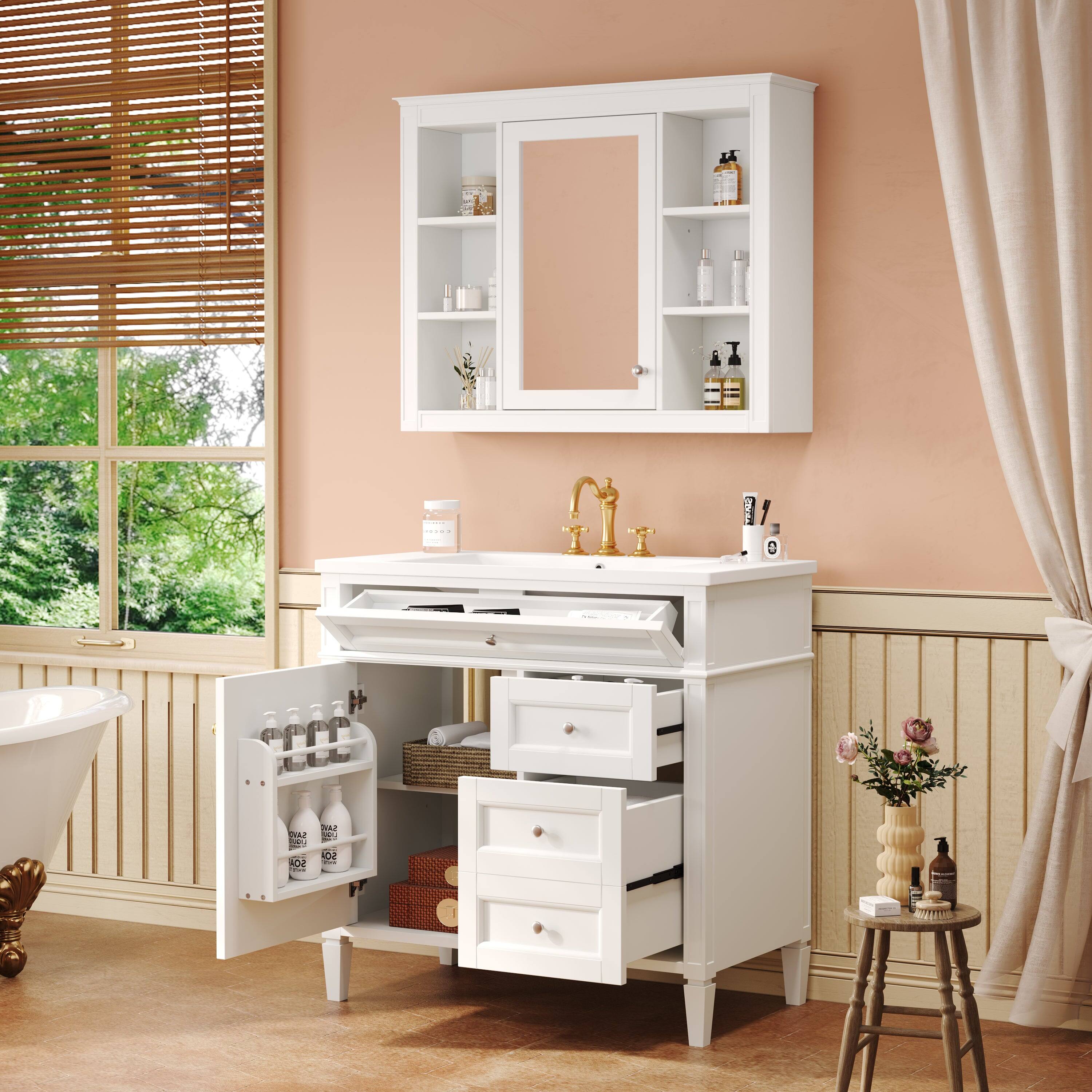 Alt View 2. Boyel Living - 36 Inch Bathroom Vanity Set with Mirror Cabinet Resin Sink 3 Drawers 2 Doors White - White.