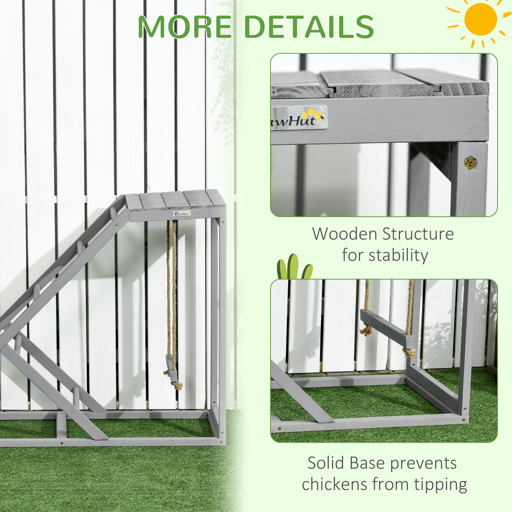 MORE DETAILS

Wooden Structure for stability

Solid Base prevents chickens from tipping