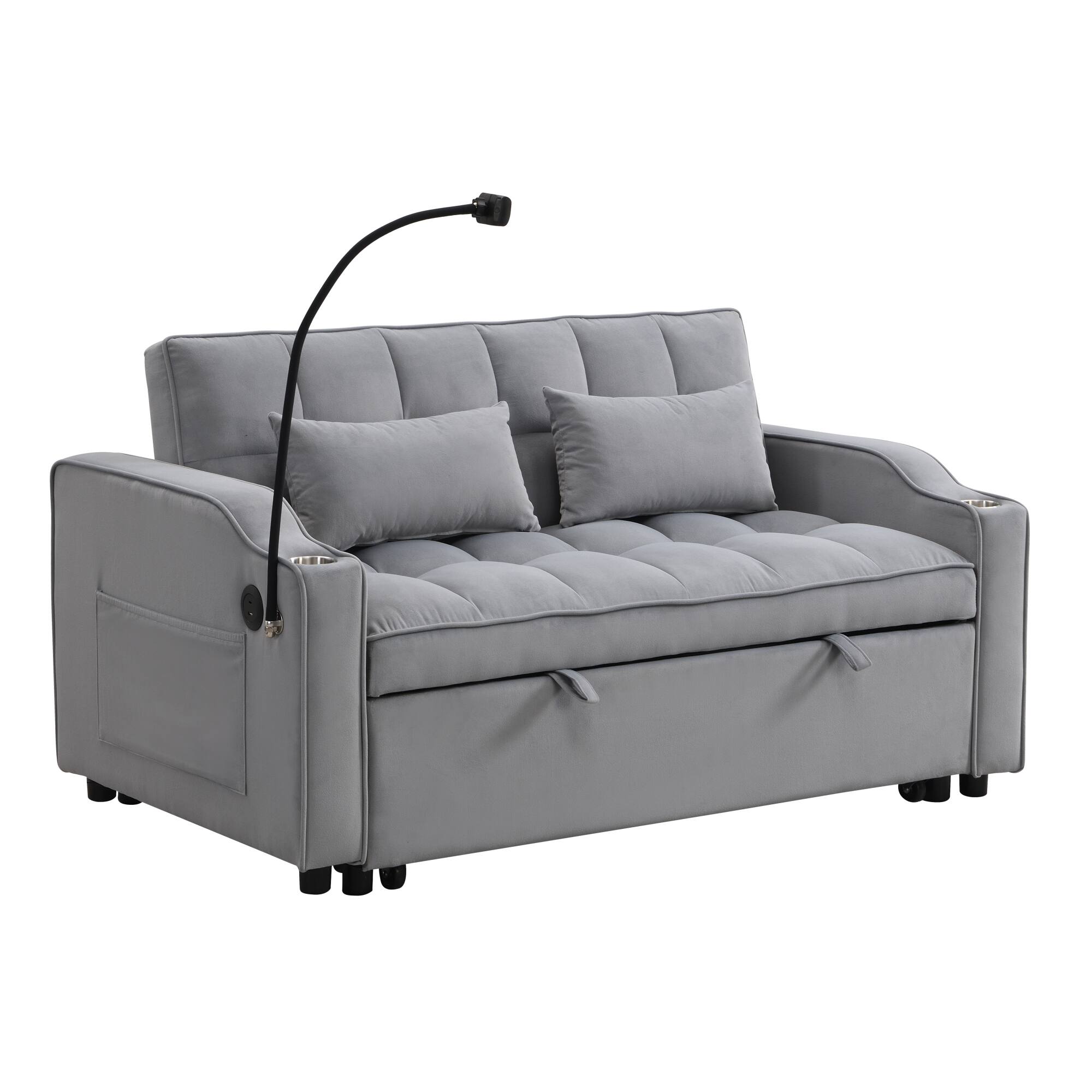 Back. GOODSILO - Convertible Velvet Sofa Bed with Adjustable Backrest, USB Ports, and Storage Pockets for Compact Living Spaces - Light Gray.