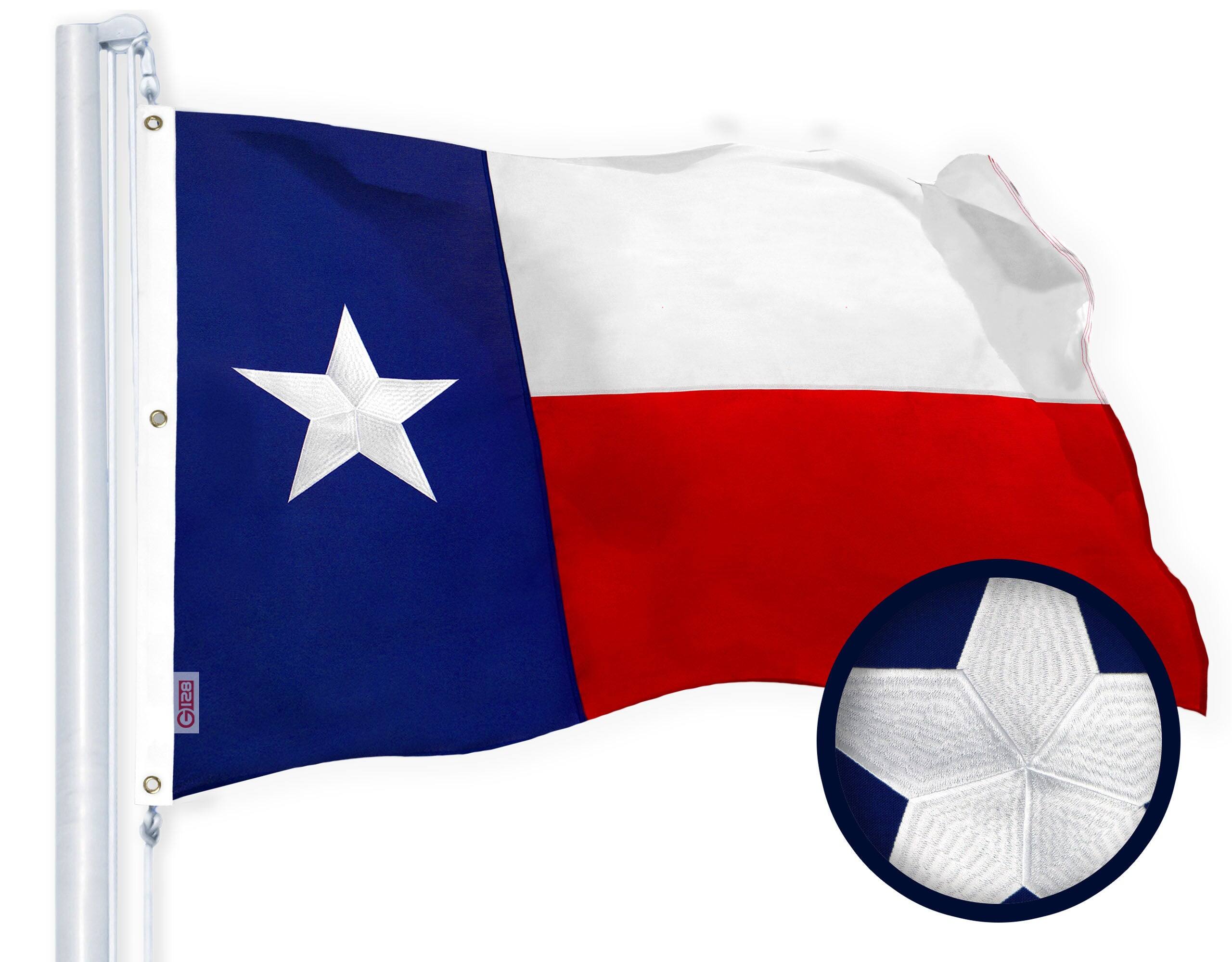 Front. G128 - Texas State Flag 6x10ft Embroidered Star Sewn Stripes 220GSM Heavy-Duty with Brass Grommets - Assorted Colors.