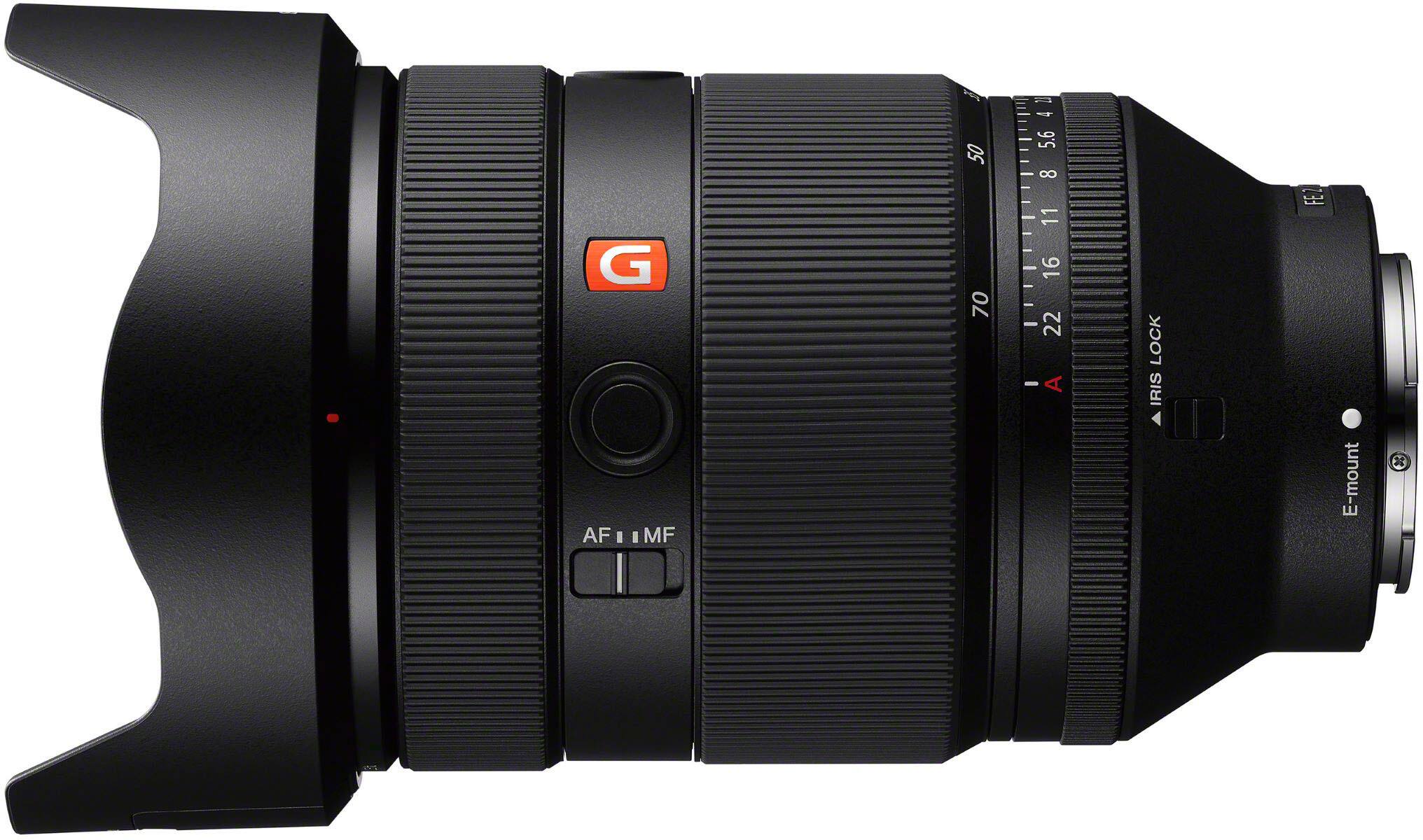 The text on the image reads "G AF I I MF 50 70 42 4 5.6 8 - 11 16 I 11 - 22 - A LOCK IRIS FEZ, E-mount 3." This text is likely describing the features and specifications of the lens.