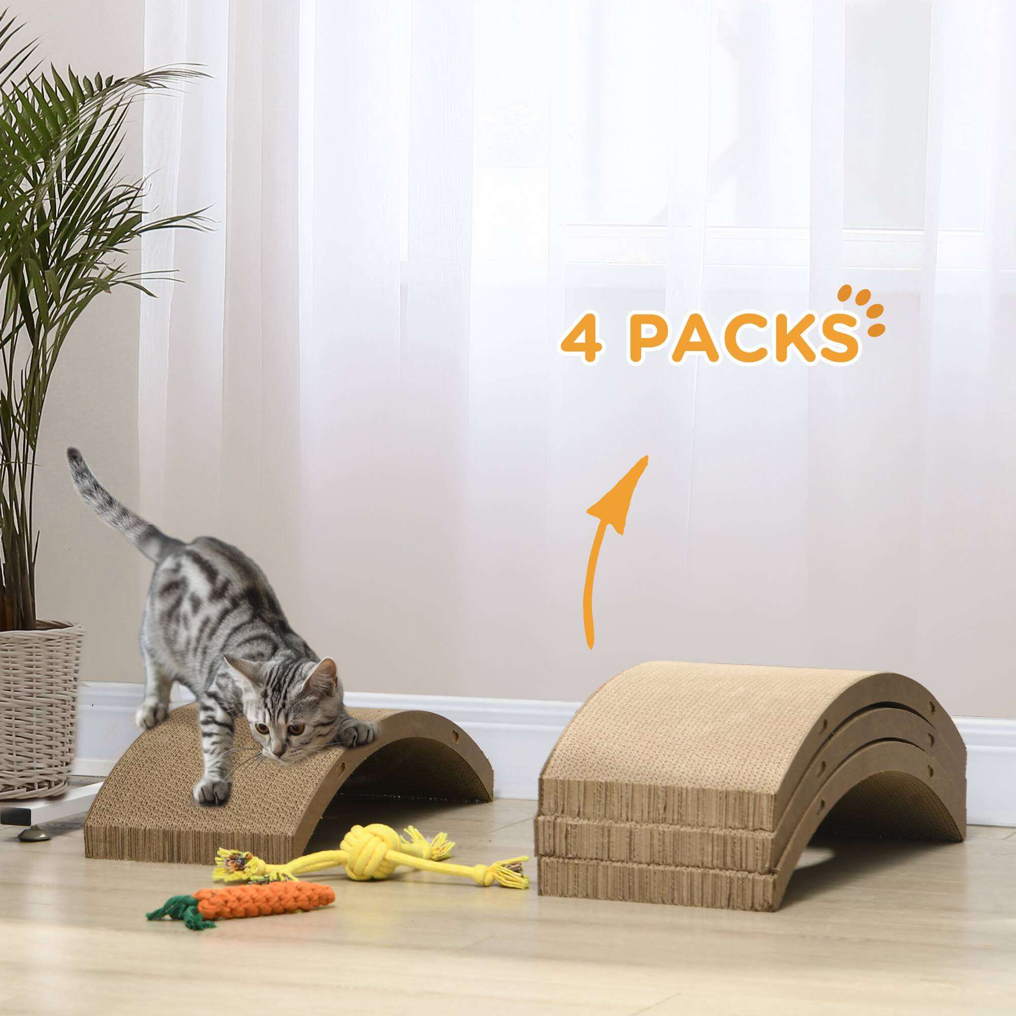 Back. Pawhut - Cat Scratching Board, 4 Pack Scratcher for Indoor Cats, Reversible Replacement for Cat Wheel - Brown.