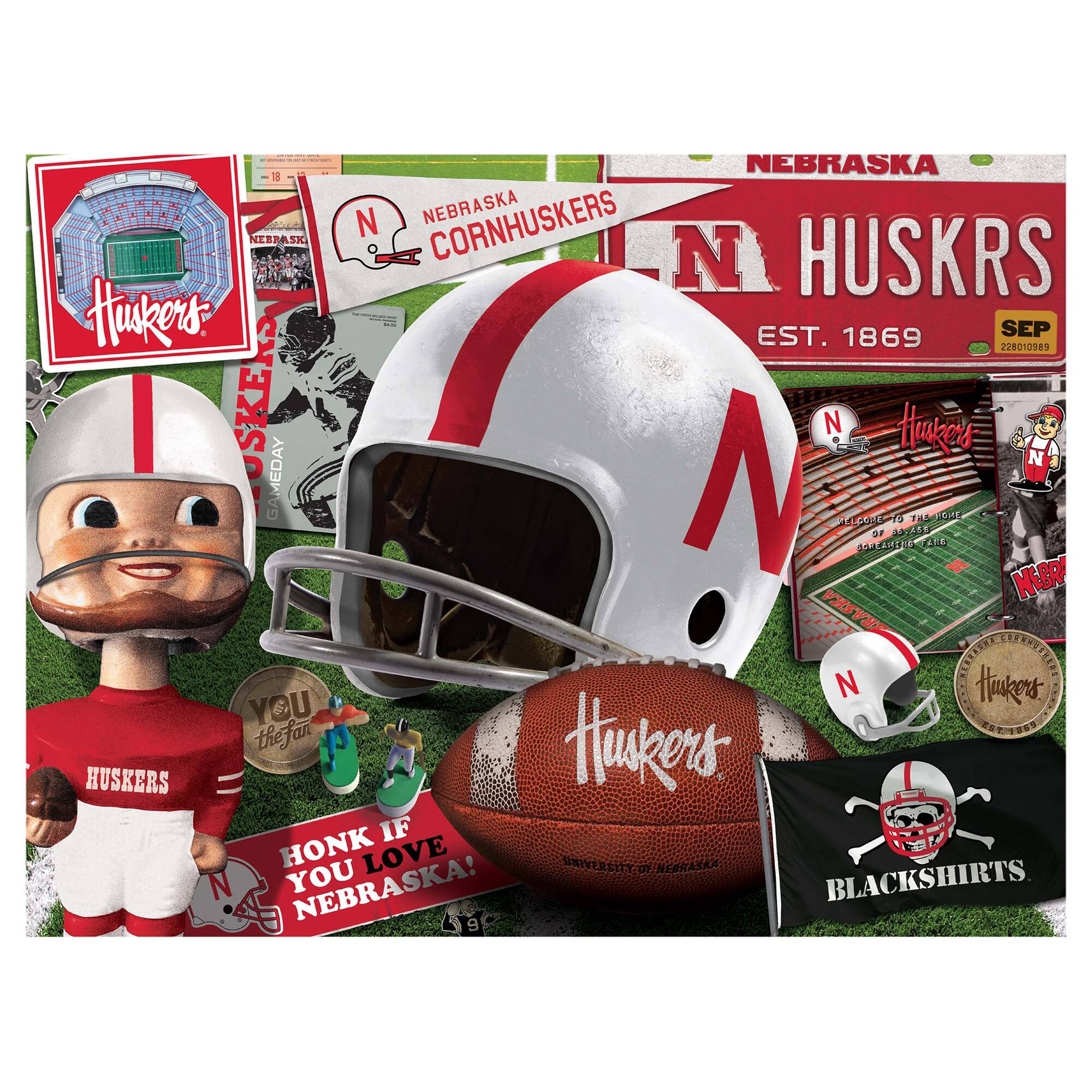 NEBRASKA CORNHUSKERS  
EST. 1869  
SEP 22801089  

NEBRASKA HUSKERS  
GAMEDAY  

HONK IF YOU LOVE NEBRASKA!  

BLACKSHIRTS  

YOU THE FAN  

ALL CODE TO THE HOUSE OF THE HUSKERS