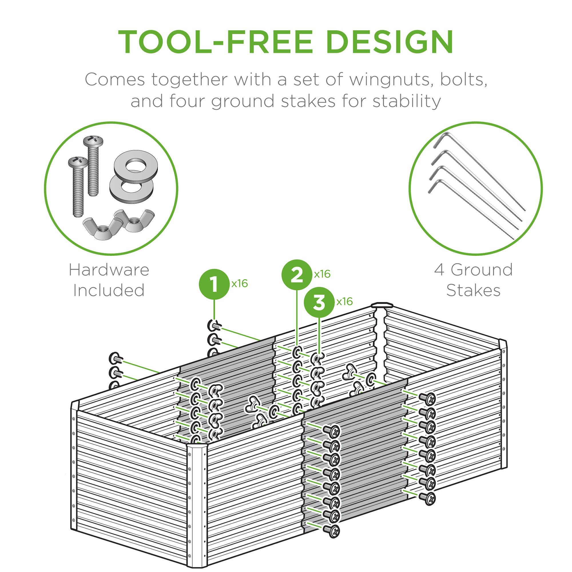 TOOL-FREE DESIGN  
Comes together with a set of wingnuts, bolts, and four ground stakes for stability  

Hardware Included  
1 x16  
2 x16  
3 x16  
4 Ground Stakes