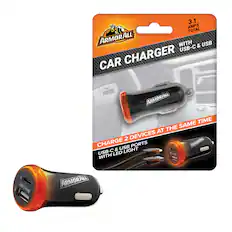 3.1 AMPS TOTAL ARMOR ALL WITH USB-C & USB CAR CHARGER ARMORALL TIME THE SAME AT 2 DEVICES CHARGE PORTS ARMORALL & USB LIGHT USB-C LED ew dmg WITH A Total 3 8 1Amp ARMORALL