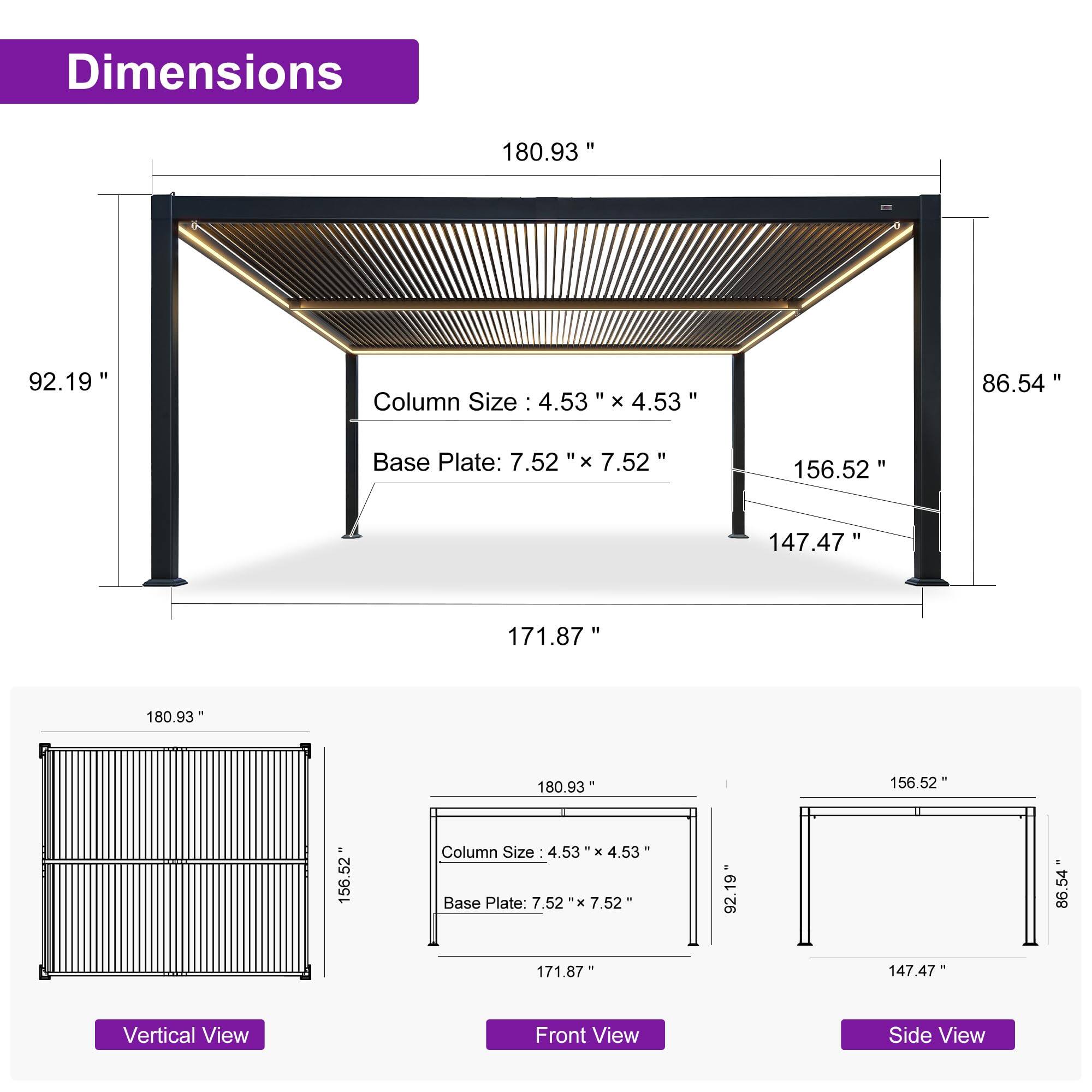 Dimensions  
- 180.93"  
- 92.19"  
- 86.54"  
- 156.52"  
- 147.47"  
- 171.87"  

Column Size: 4.53" x 4.53"  
Base Plate: 7.52" x 7.52"  

Vertical View  
Front View  
Side View