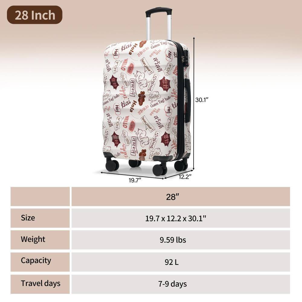 28 Inch

Size: 19.7" x 12.2" x 30.1"

Weight: 9.59 lbs

Capacity: 92 L

Travel days: 7-9 days