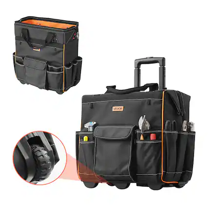 Front. VEVOR - Rolling Tool Bag, 110 lbs Load Capacity, 25 Pockets Heavy Duty Roller Tool Bag with Adjustable Telescoping Handle - Black,Orange.