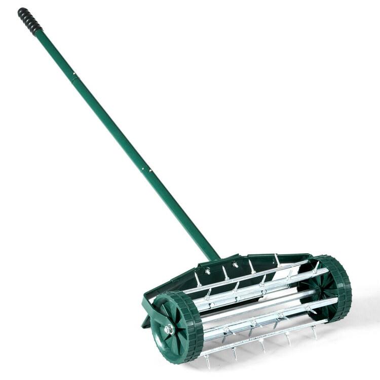 Front. Ecooso - 18-Inch Rolling Lawn Aerator Garden Tool with Splash-Proof Fender and Durable Drum Design - Dark green and Silver.